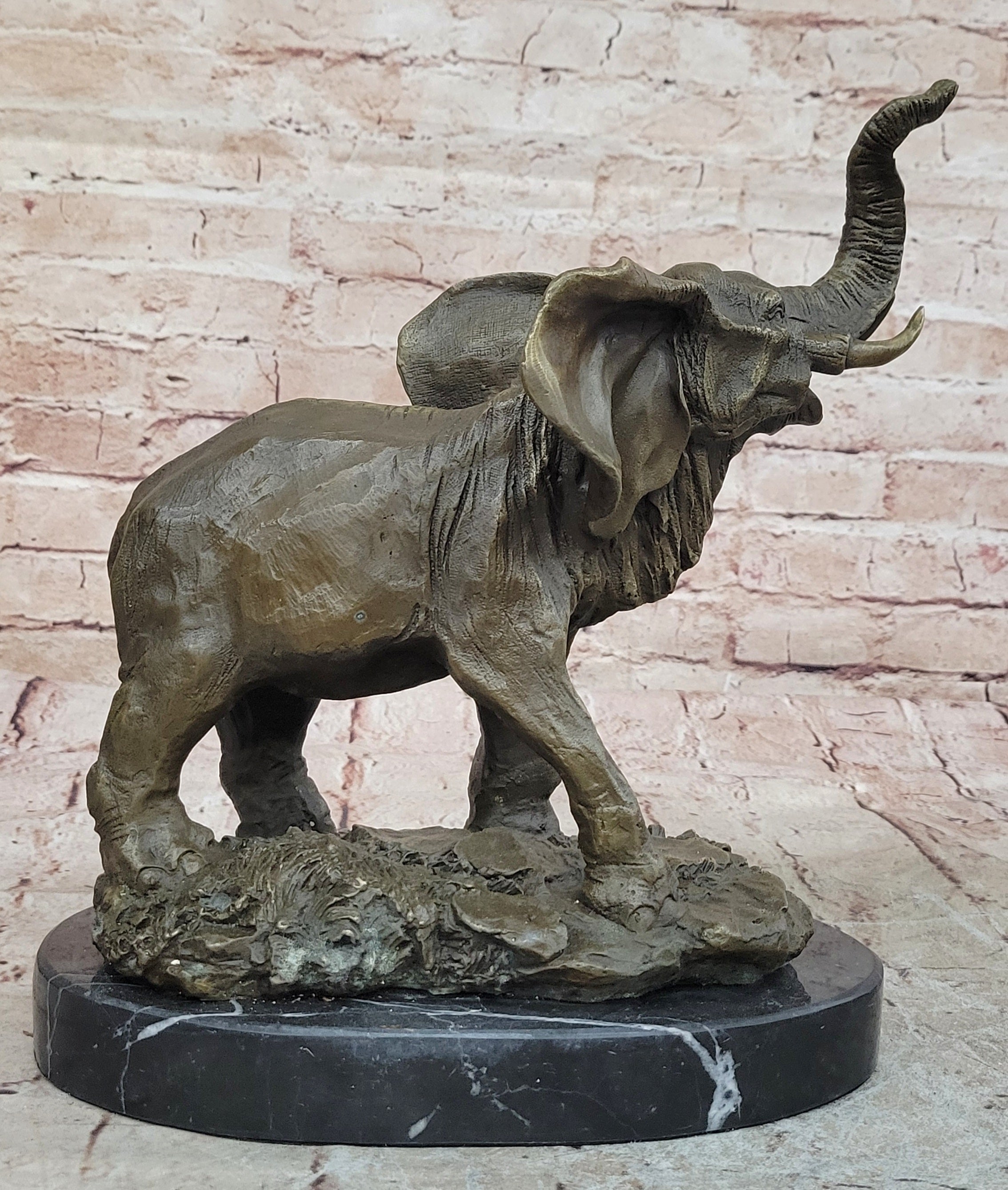 WILD LIFE ELEPHANT BRONZE STATUE W/MARBLE BASE, SIGNED SCULPTURE FIGURINE DECOR