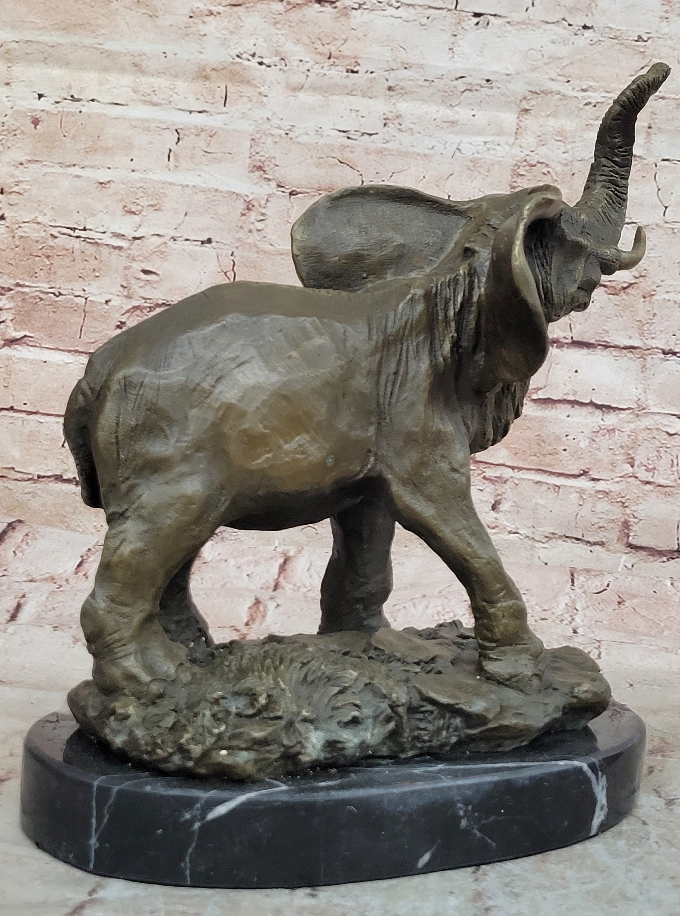 WILD LIFE ELEPHANT BRONZE STATUE W/MARBLE BASE, SIGNED SCULPTURE FIGURINE DECOR