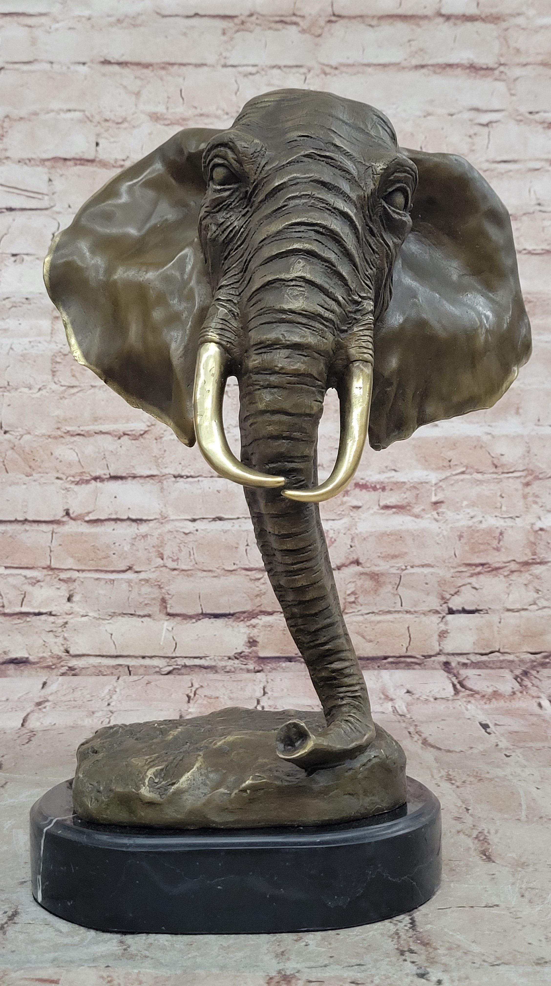 Genuine Bronze Metal Statue Marble Head Elephant Safari Sculpture Figurine