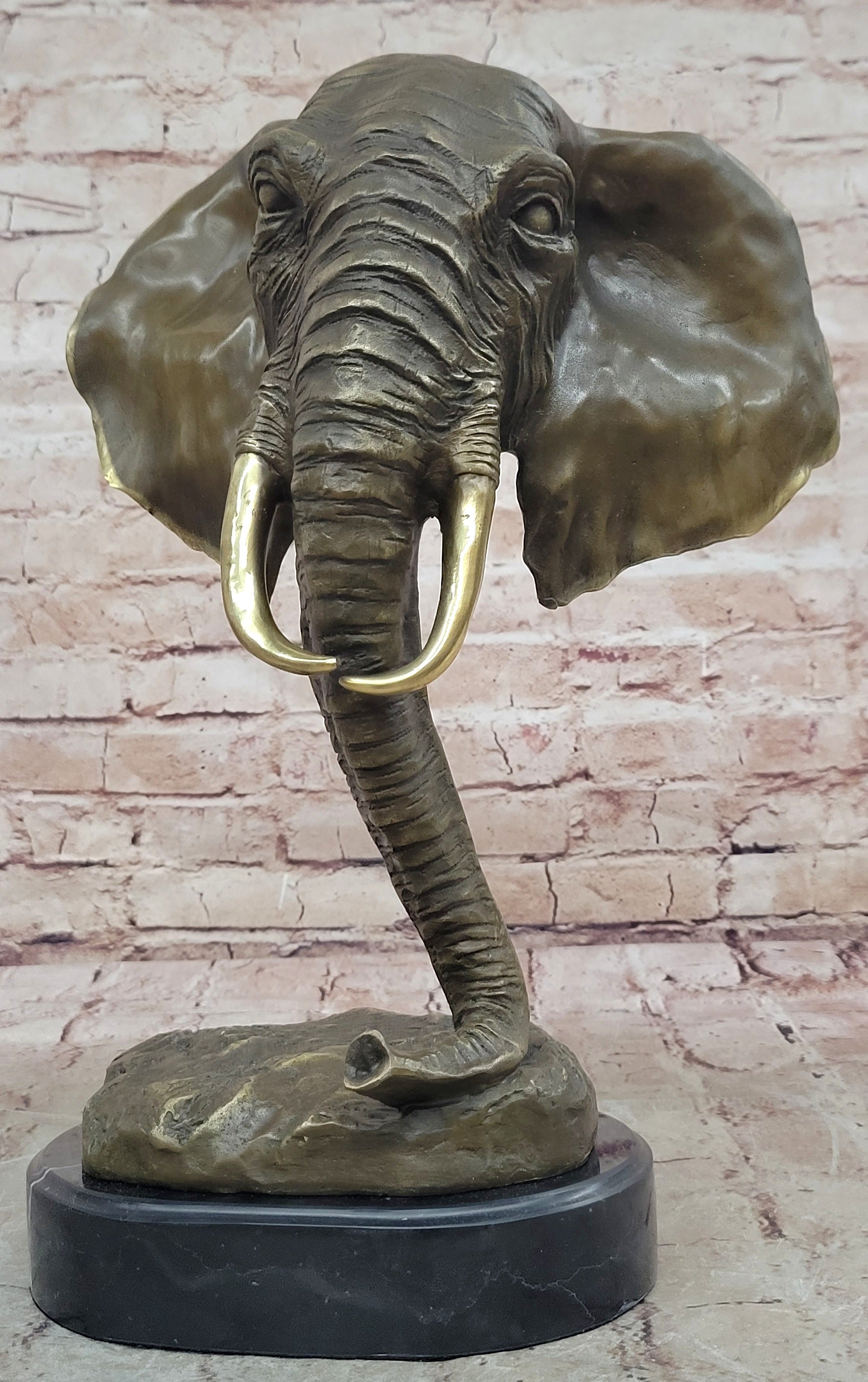 Genuine Bronze Metal Statue Marble Head Elephant Safari Sculpture Figurine