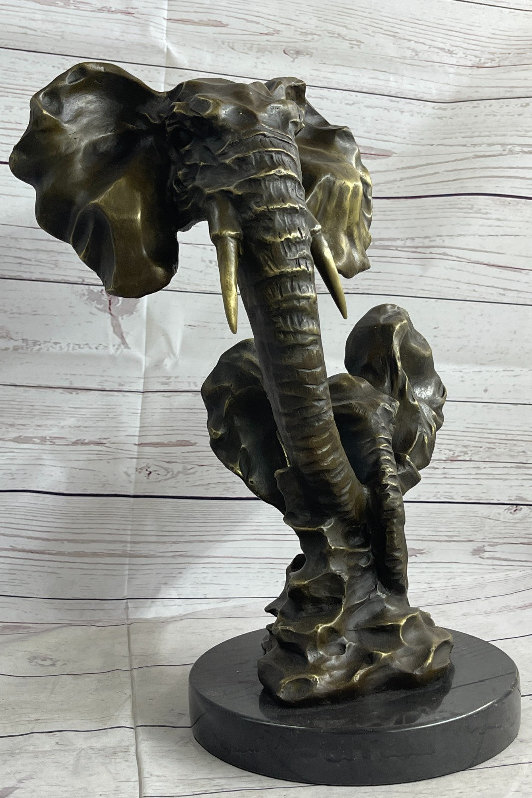 Bull Elephant Jungle African Room Feng Gift Bronze Marble Sculpture Statue 