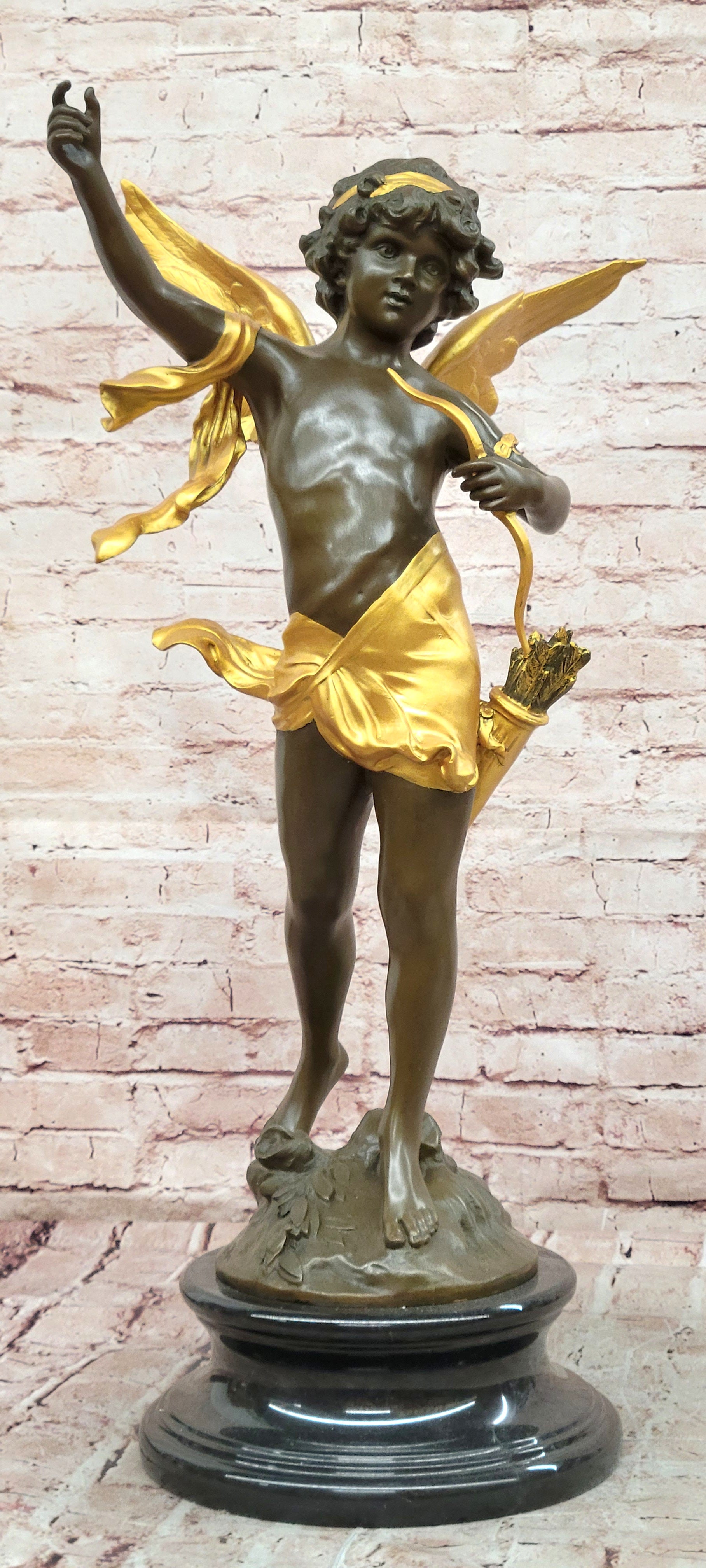 Bronze Romantic Cupid Sculpture Signed Moreau Angel Figurine Love Statue