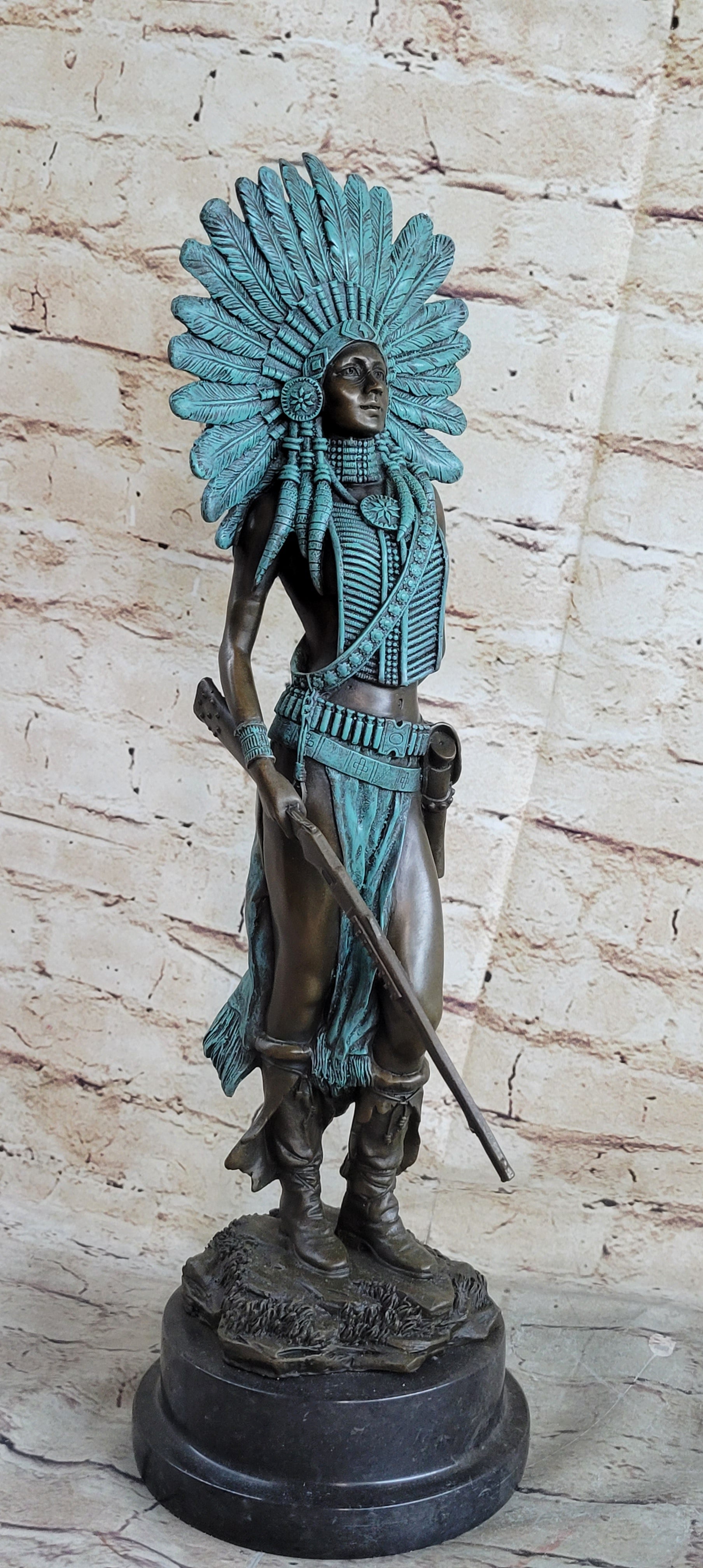 RARE Vintage Armor Bronze Native American Indian Warrior With Gun Statue Figure