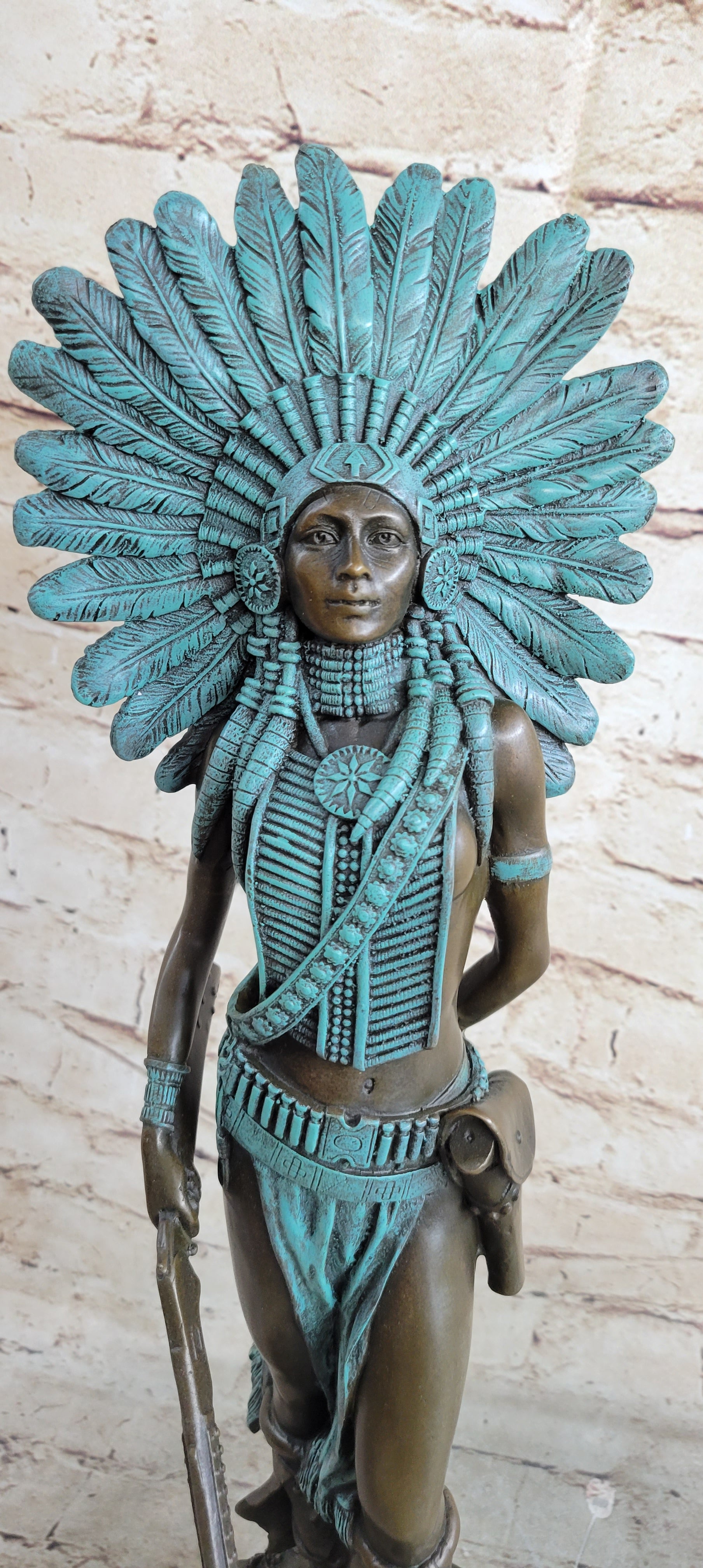 RARE Vintage Armor Bronze Native American Indian Warrior With Gun Statue Figure