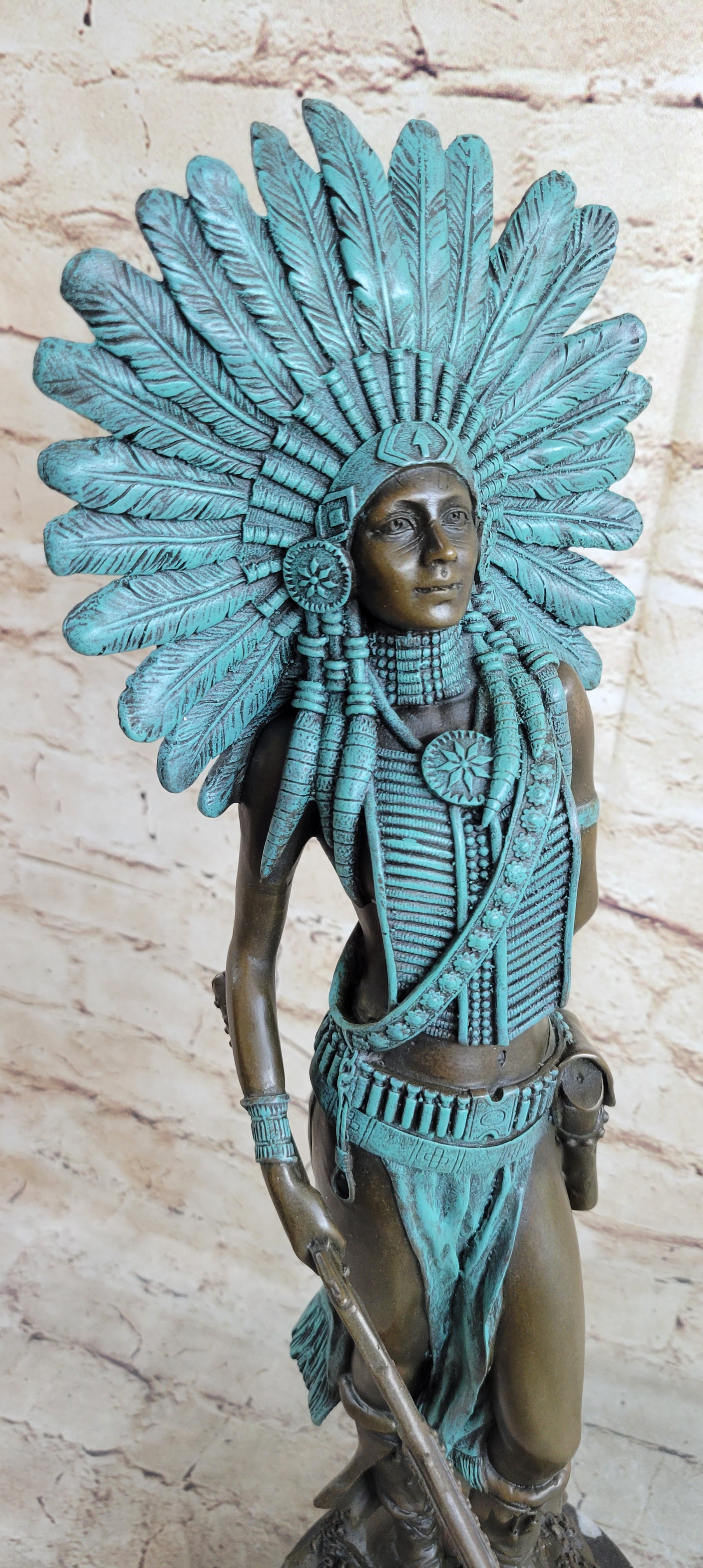 RARE Vintage Armor Bronze Native American Indian Warrior With Gun Statue Figure