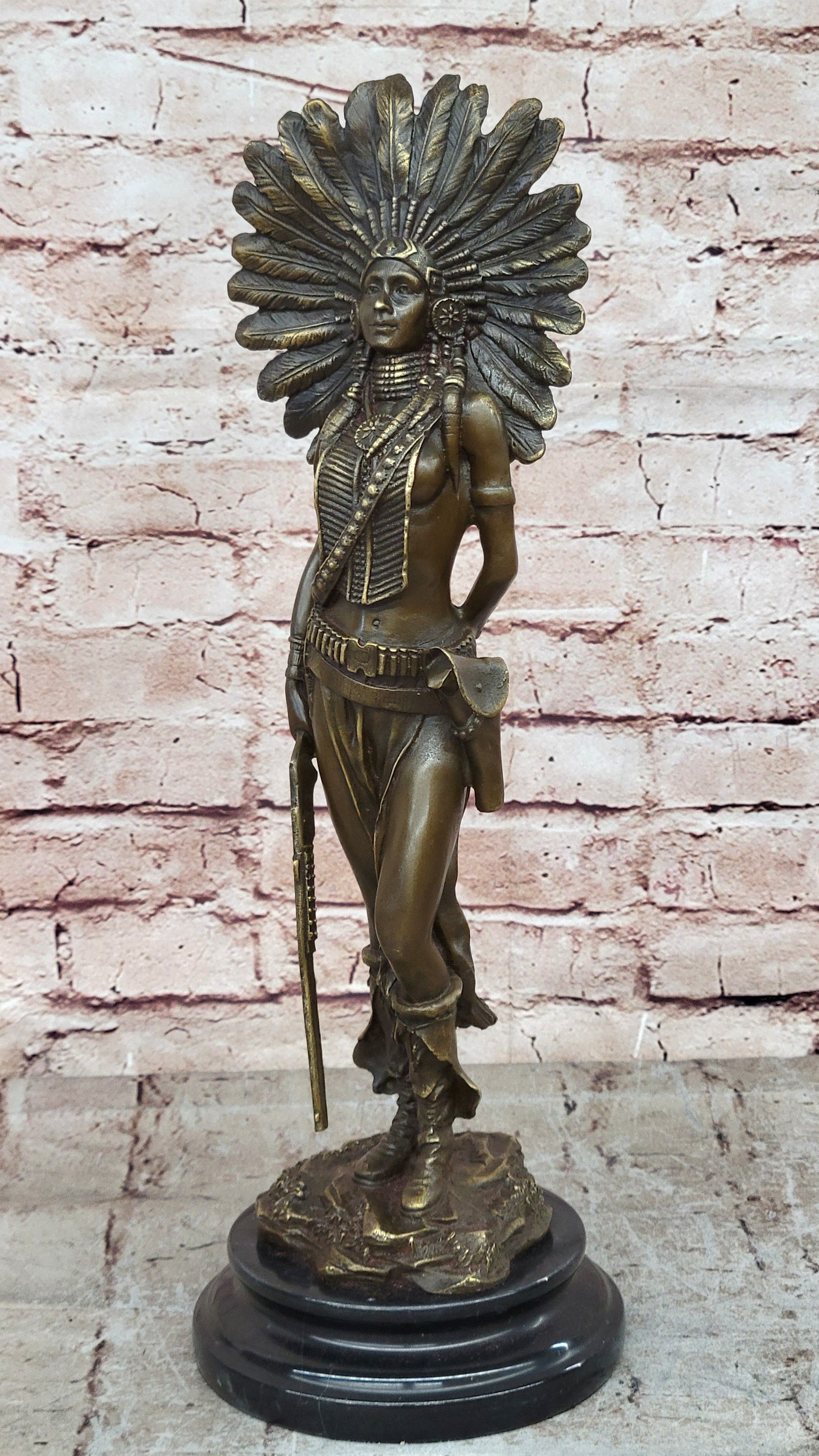Genuine Solid Bronze Girl Woman Indian Warrior Home Office Decoration Statue