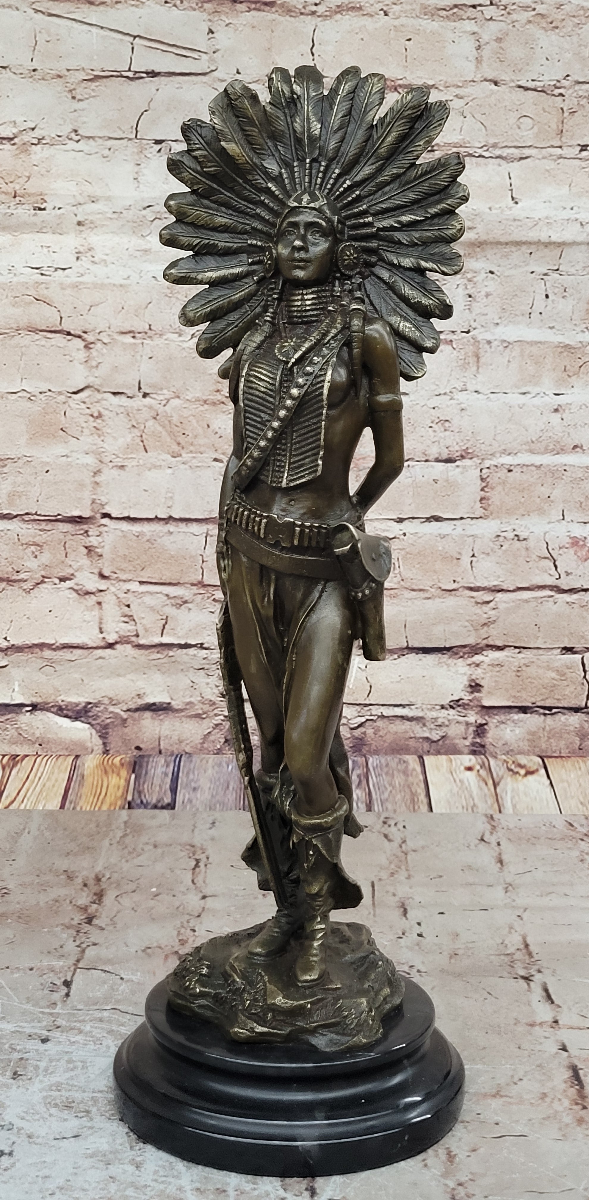 Genuine Solid Bronze Girl Woman Indian Warrior Home Office Decoration Statue