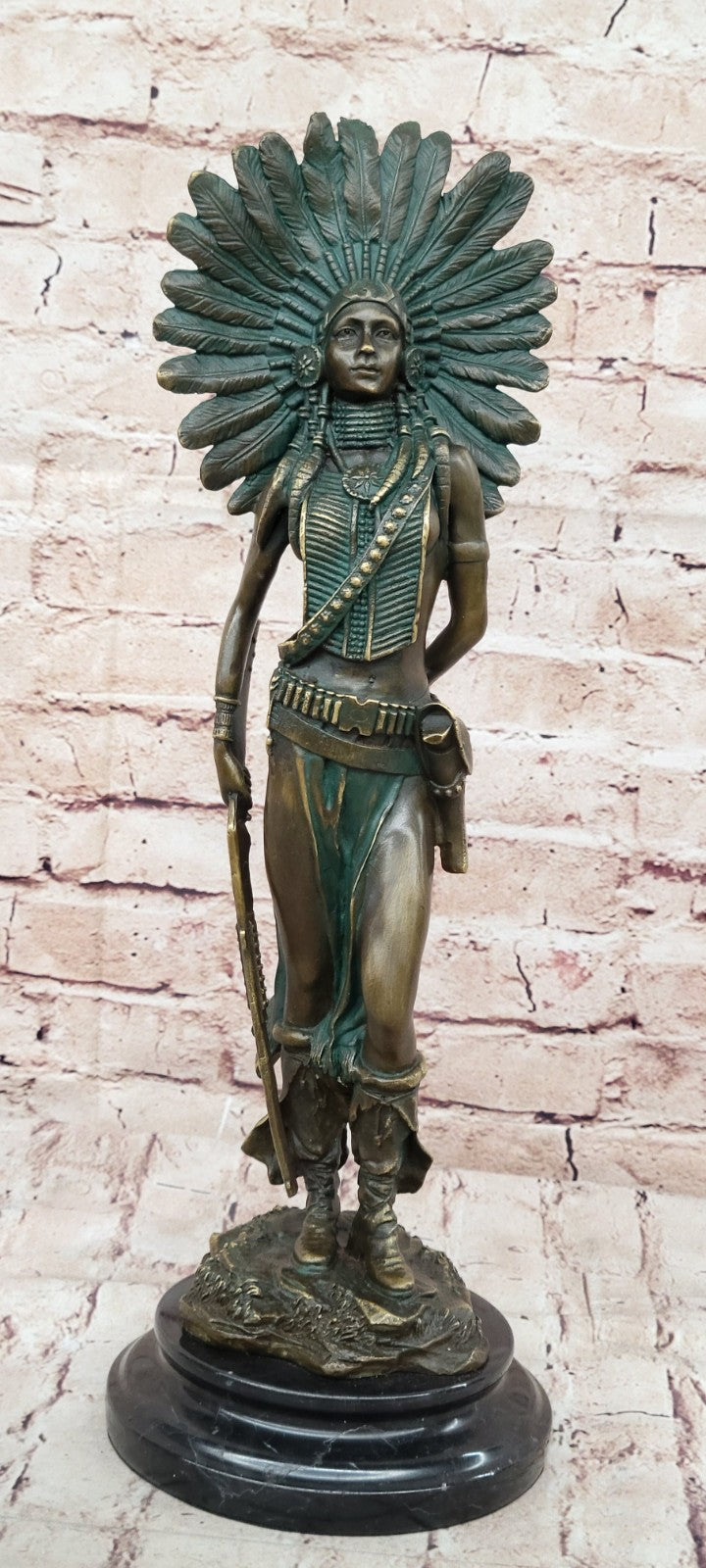 RARE Vintage Armor Bronze Native American Indian Warrior With Gun Statue Figure