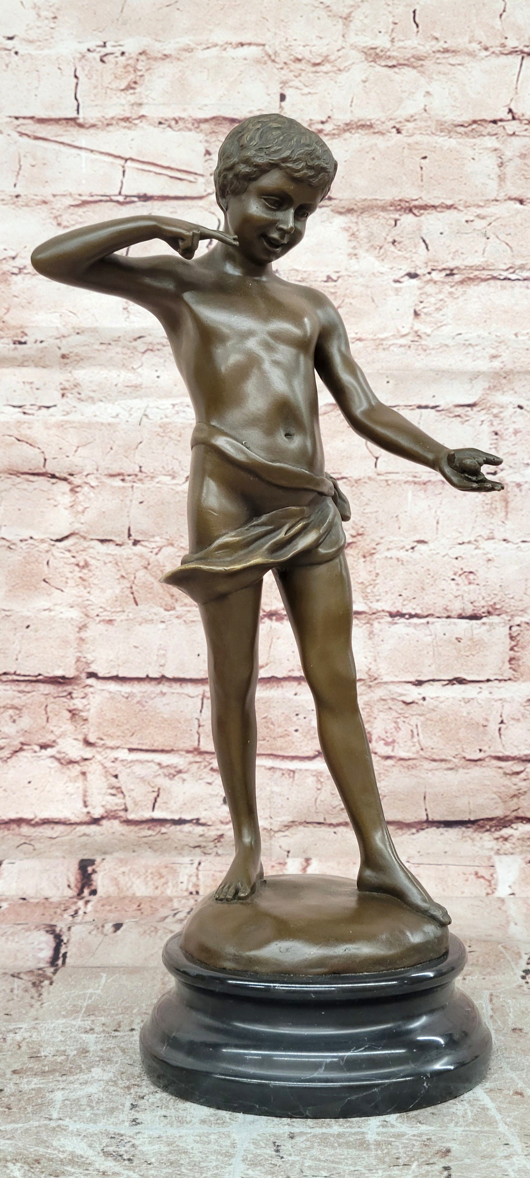 Somme Bronze Sculpture Young Boy with Snail Hand Made Art Deco Artwork Art