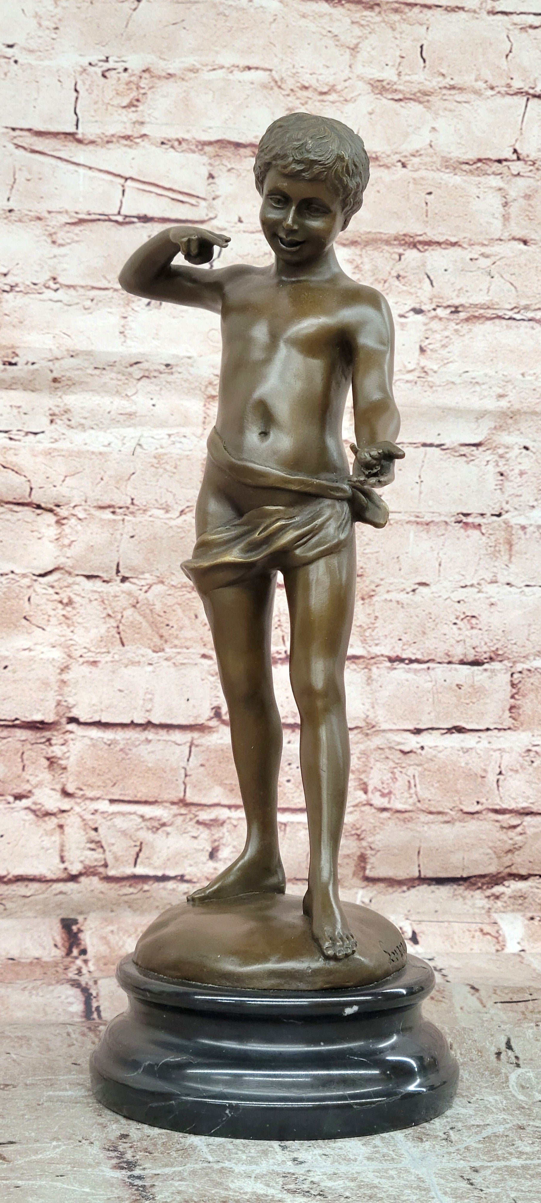 Somme Bronze Sculpture Young Boy with Snail Hand Made Art Deco Artwork Art