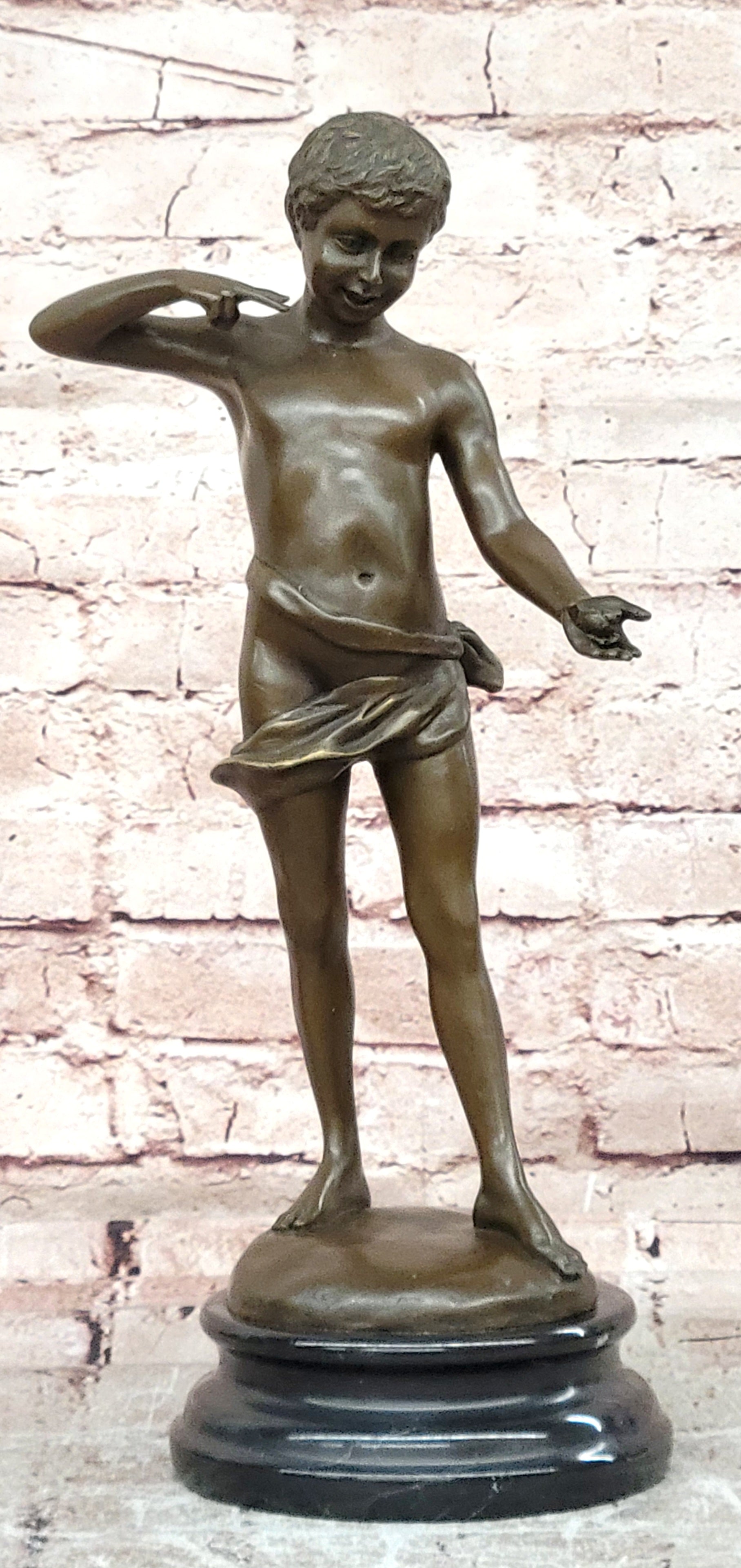 Somme Bronze Sculpture Young Boy with Snail Hand Made Art Deco Artwork Art