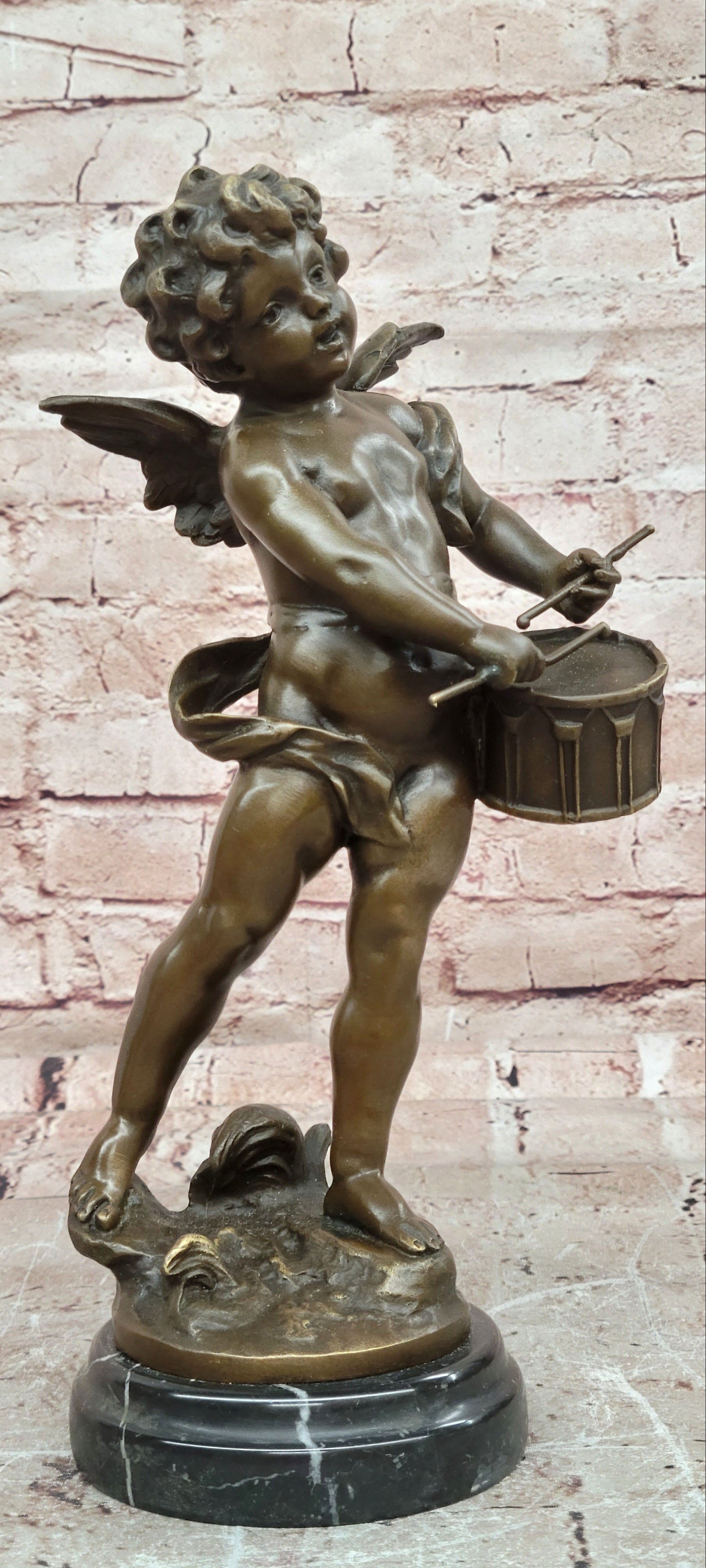 Bronze Cherub Angel with Drum Statue Moreau Style Fine Art Figurine Collectible