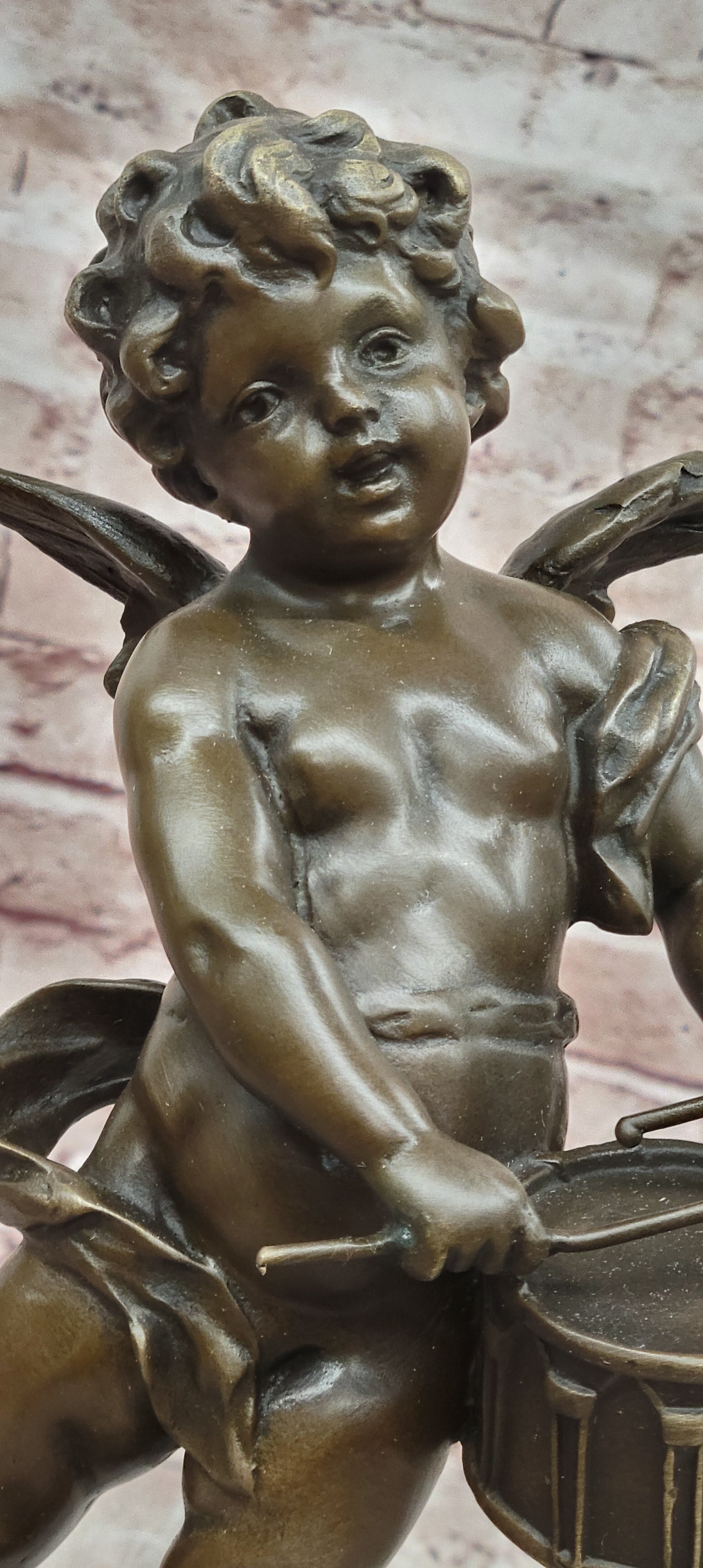 Bronze Cherub Angel with Drum Statue Moreau Style Fine Art Figurine Collectible