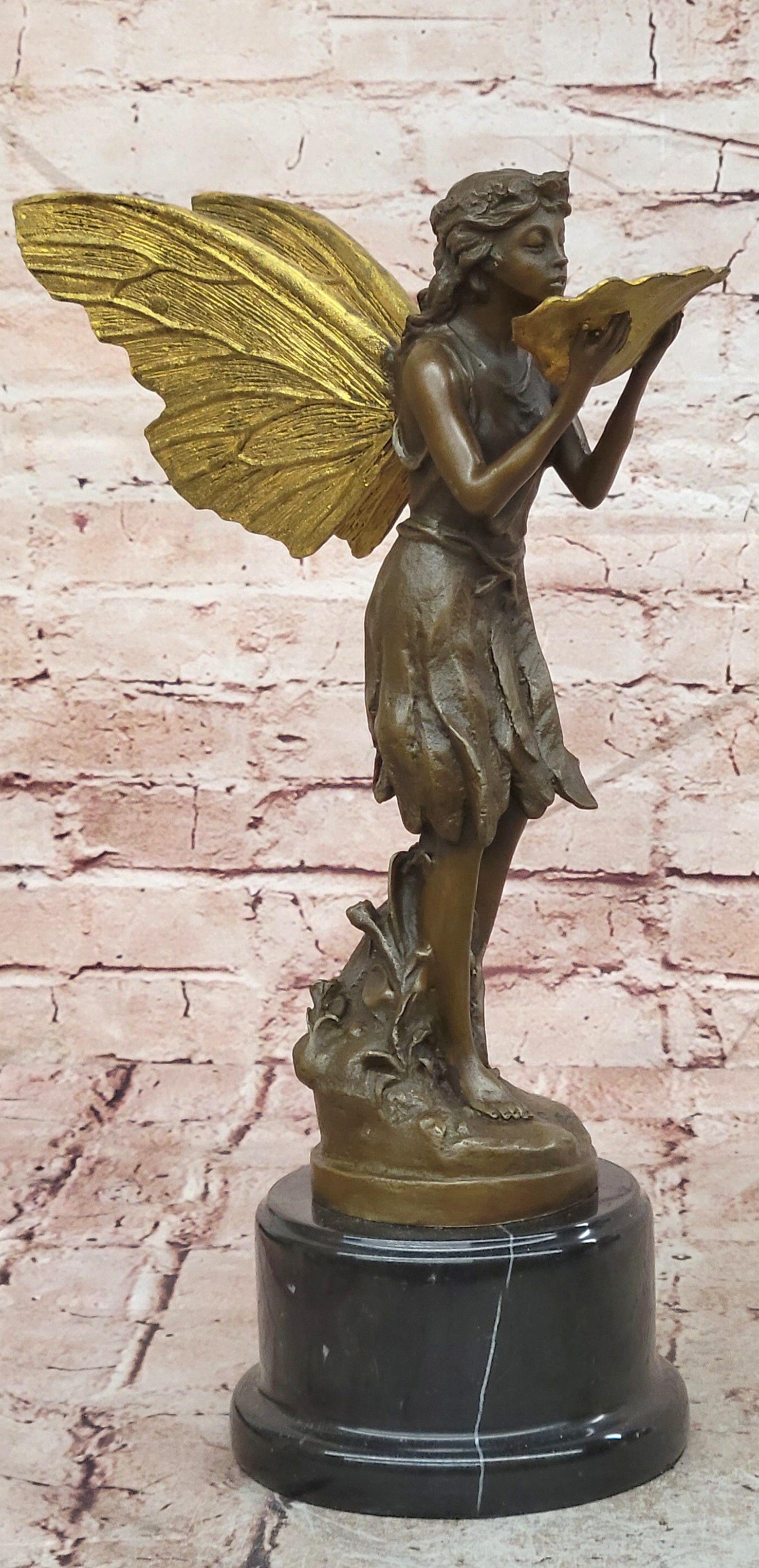 Gorgeous Large Bronze Metal Garden Fairy Statue Home Decor Gilt Sculpture Golden
