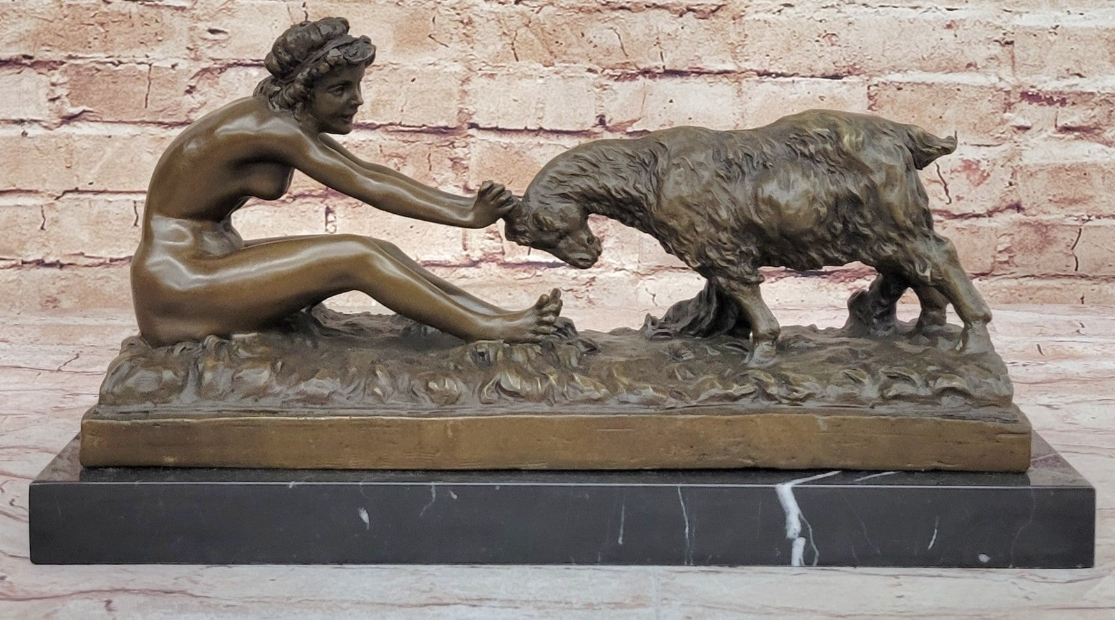 Gory`s Nude Girl with Goat: Genuine Bronze Art Nouveau Sculpture, Hot Cast Decor