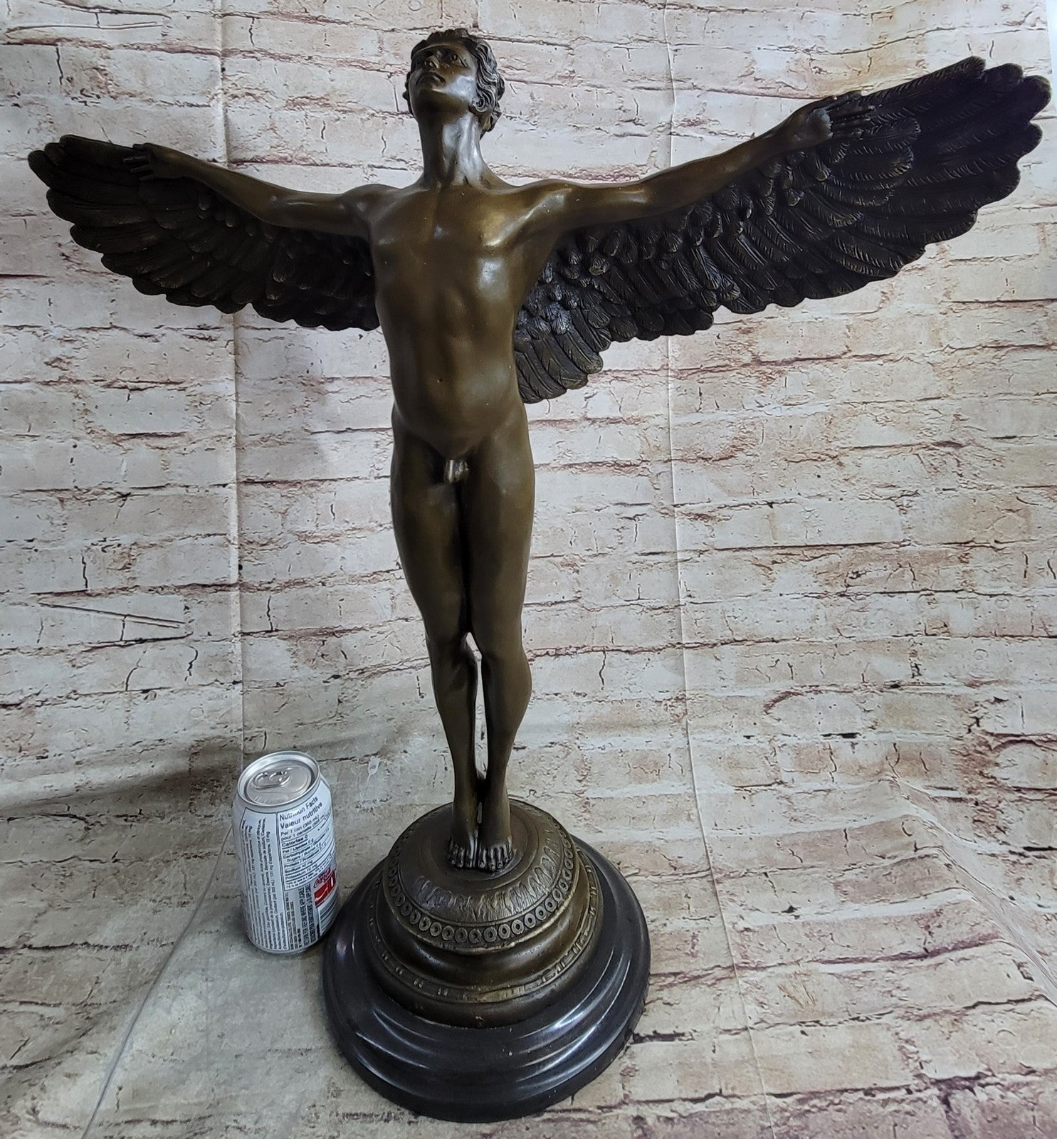 SIGNED, bronze Sculpture winged man nude Icarus "Rising Sun" Classic Artwork