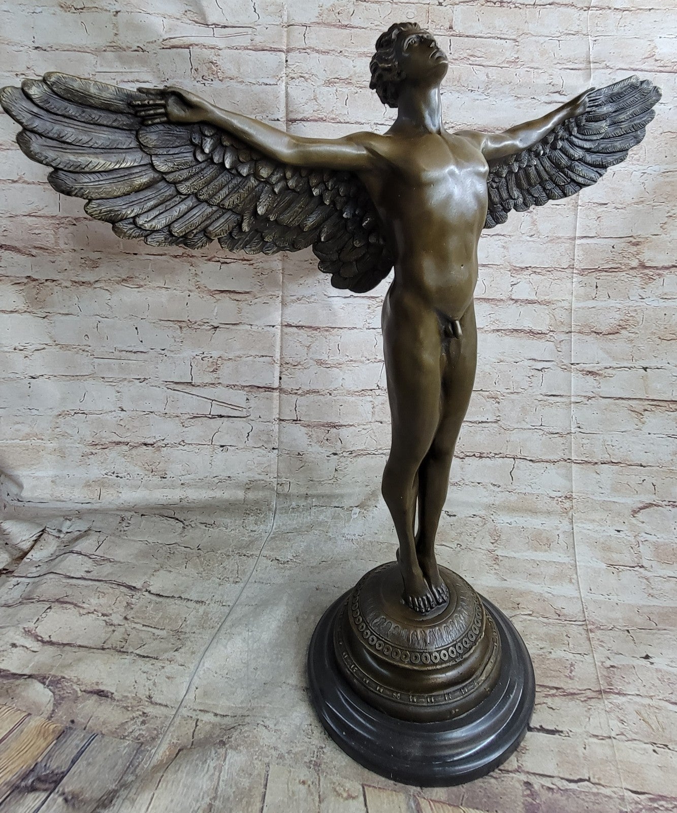 SIGNED, bronze Sculpture winged man nude Icarus "Rising Sun" Classic Artwork