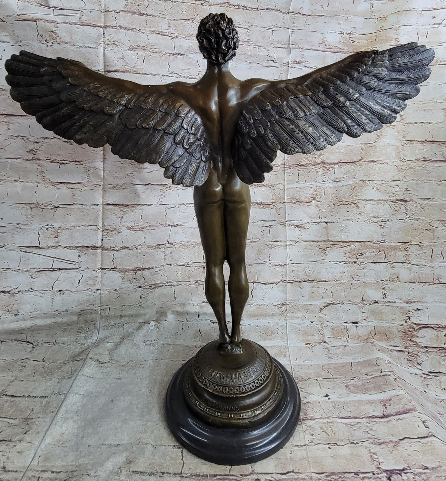 SIGNED, bronze Sculpture winged man nude Icarus "Rising Sun" Classic Artwork