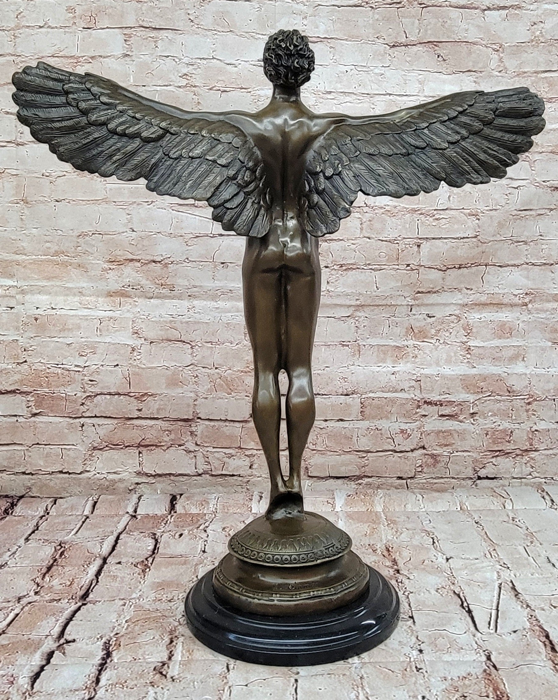 SIGNED, bronze Sculpture winged man nude Icarus "Rising Sun" Classic Artwork