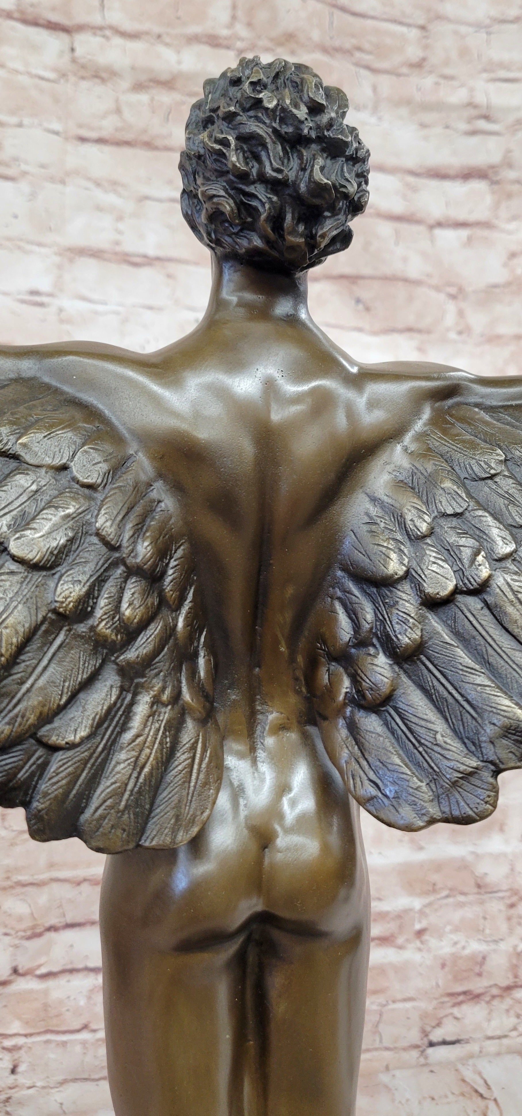 SIGNED, bronze Sculpture winged man nude Icarus "Rising Sun" Classic Artwork