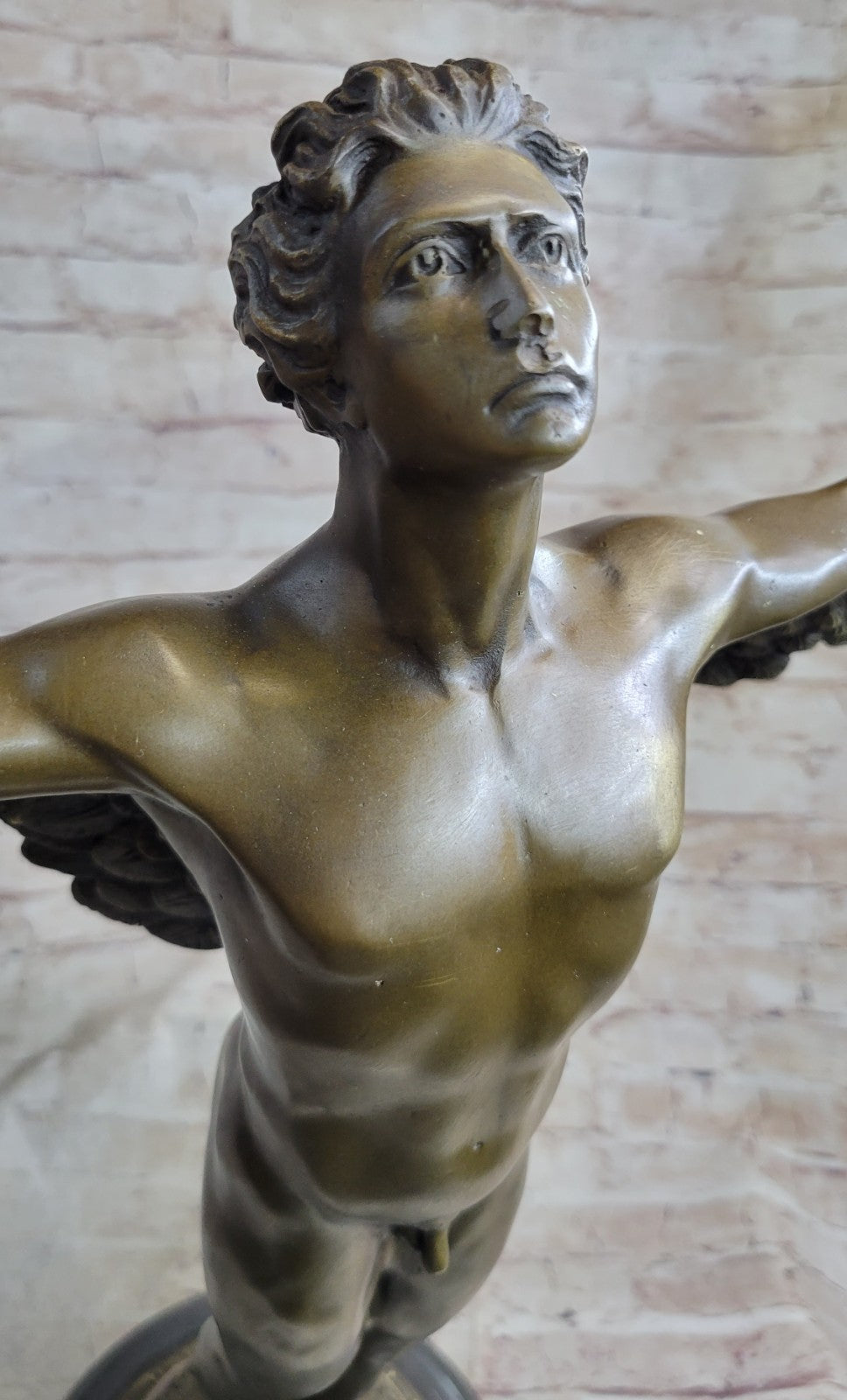 SIGNED, bronze Sculpture winged man nude Icarus "Rising Sun" Classic Artwork
