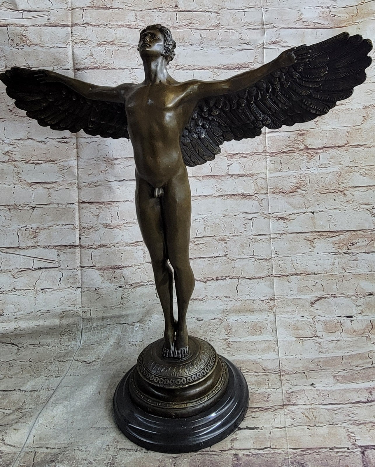 SIGNED, bronze Sculpture winged man nude Icarus "Rising Sun" Classic Artwork
