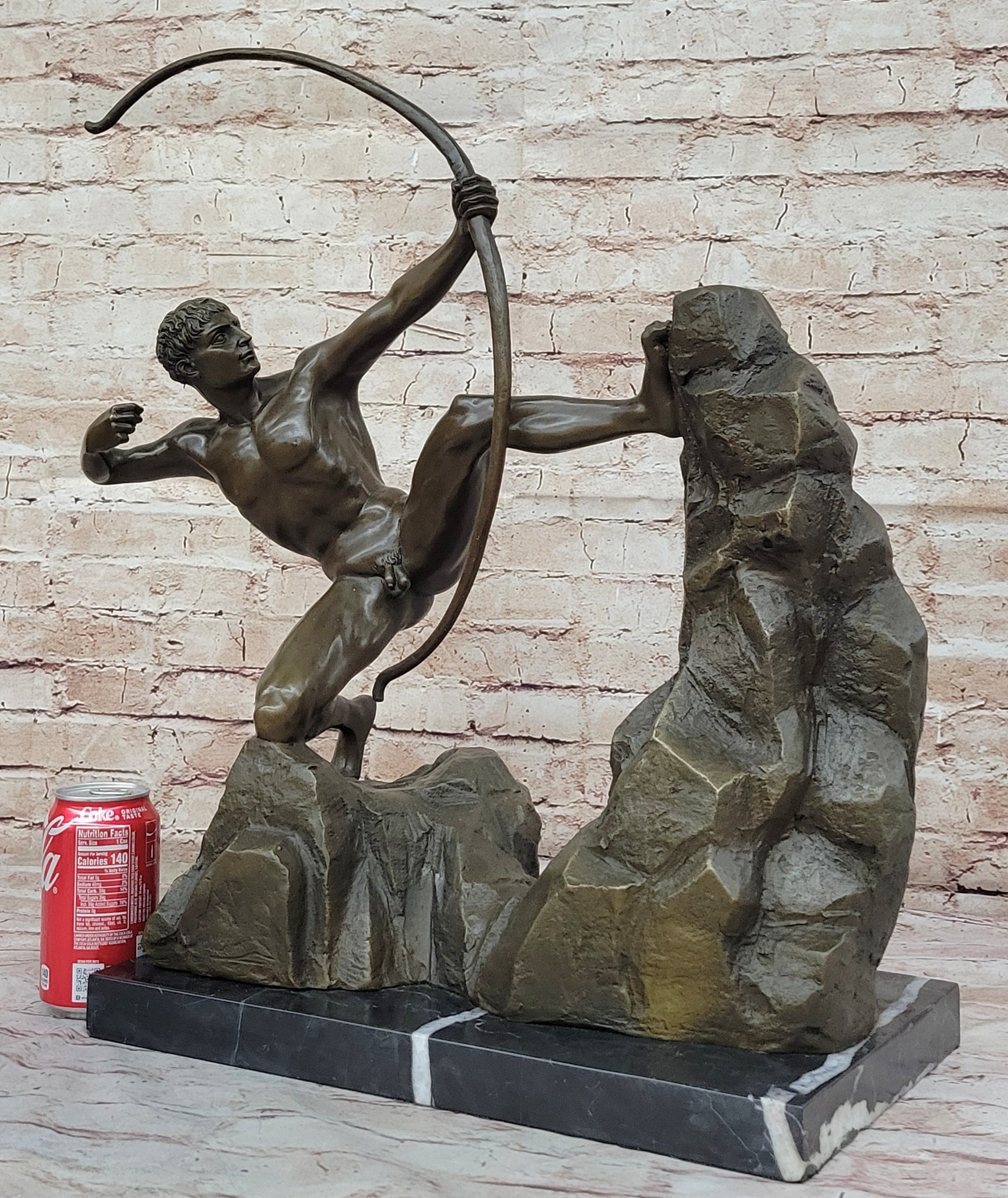 Handcrafted Detailed Nude Man Standing on Rock With Bow Aiming Bronze Sculpture