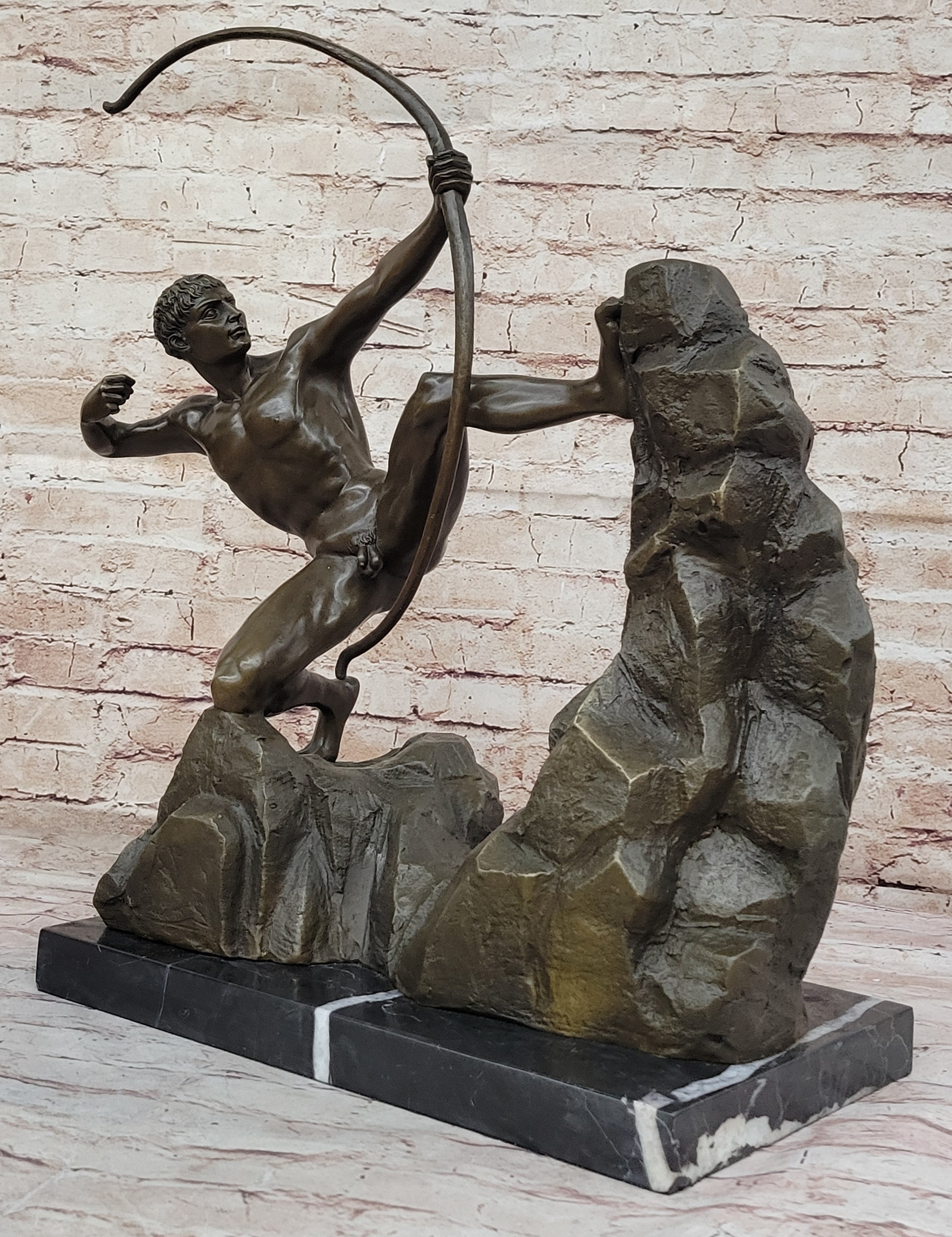Handcrafted Detailed Nude Man Standing on Rock With Bow Aiming Bronze Sculpture