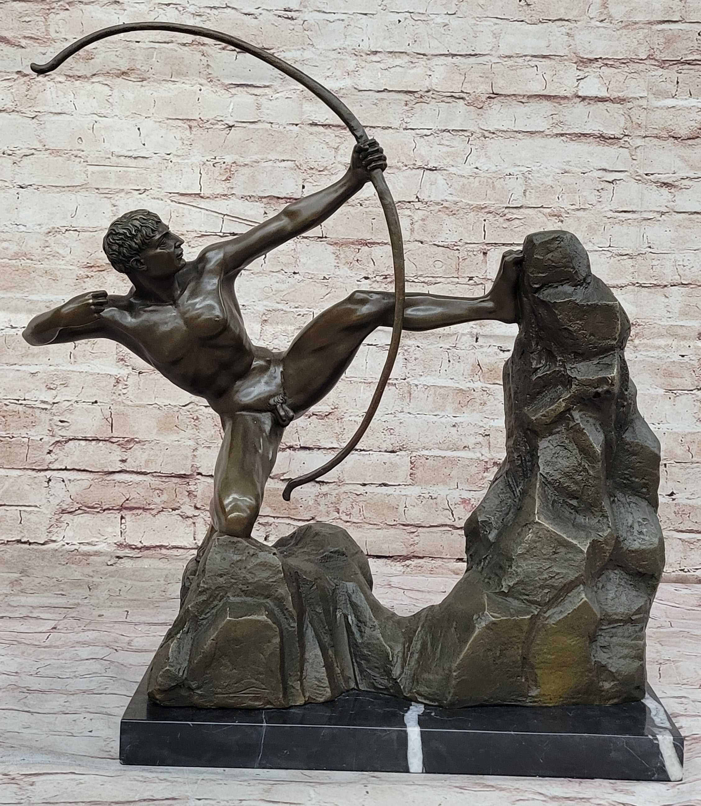 Handcrafted Detailed Nude Man Standing on Rock With Bow Aiming Bronze Sculpture
