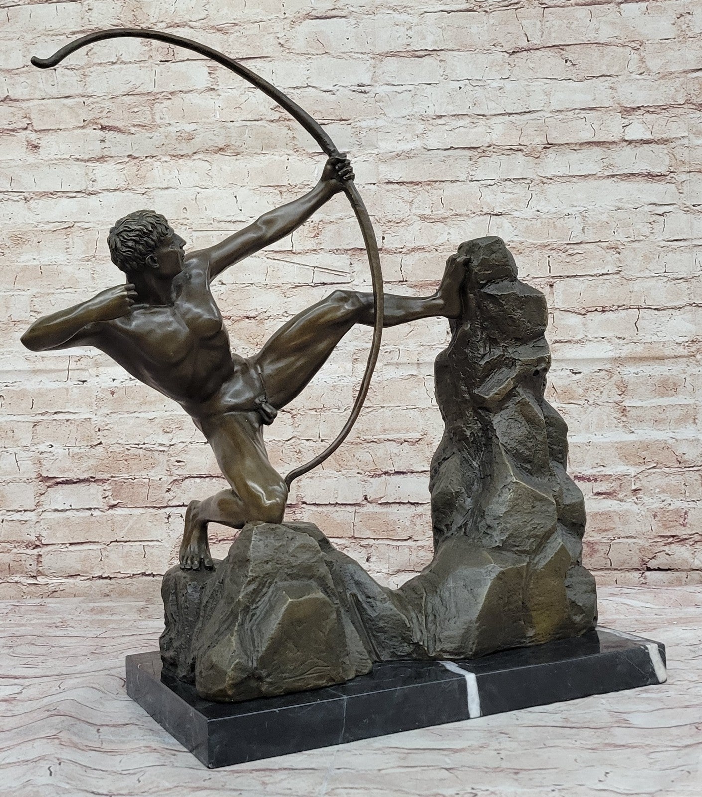 Handcrafted Detailed Nude Man Standing on Rock With Bow Aiming Bronze Sculpture