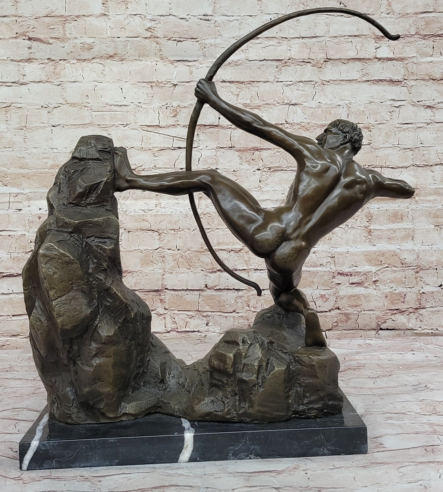 Handcrafted Detailed Nude Man Standing on Rock With Bow Aiming Bronze Sculpture