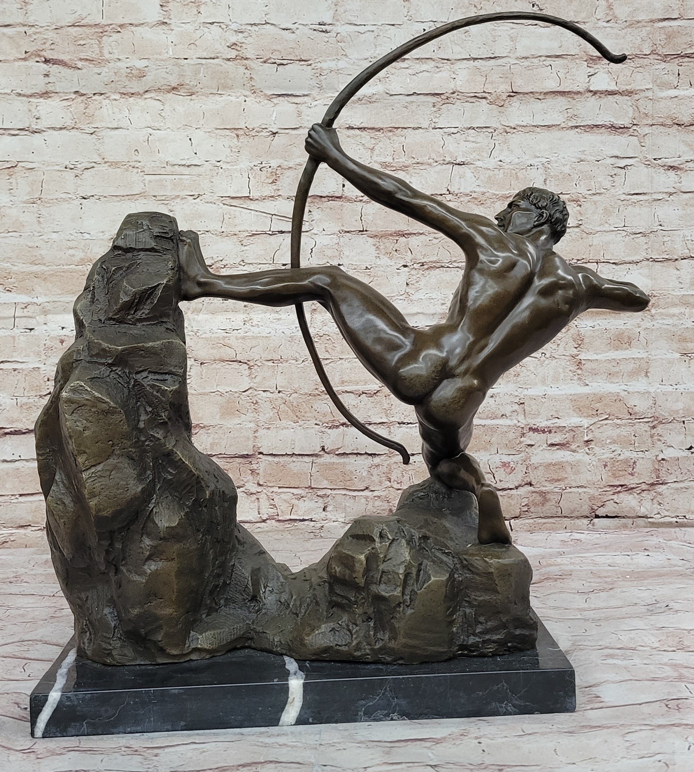Handcrafted Detailed Nude Man Standing on Rock With Bow Aiming Bronze Sculpture