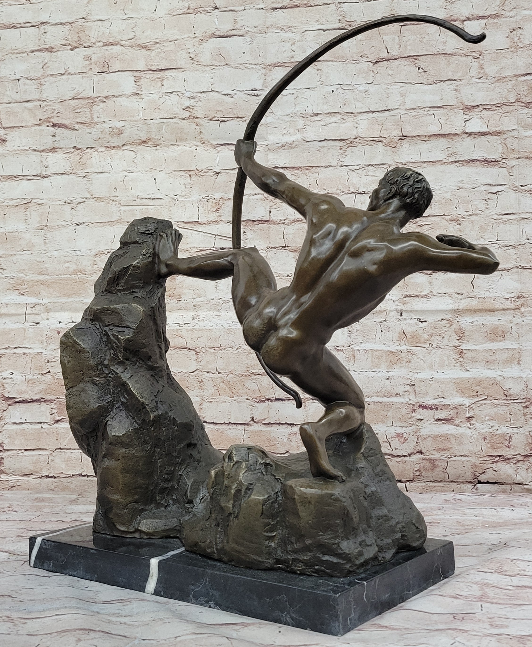 Handcrafted Detailed Nude Man Standing on Rock With Bow Aiming Bronze Sculpture