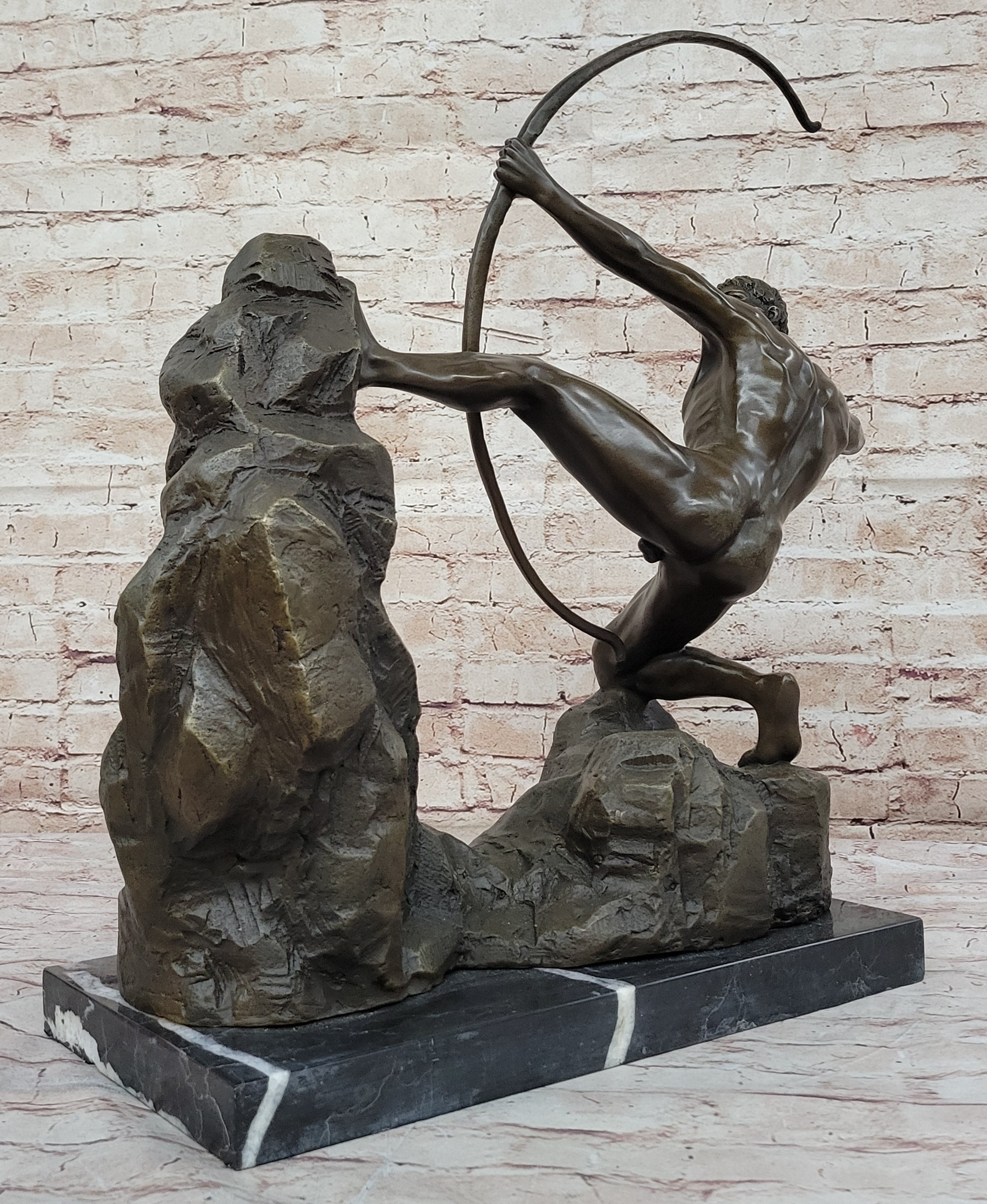 Handcrafted Detailed Nude Man Standing on Rock With Bow Aiming Bronze Sculpture