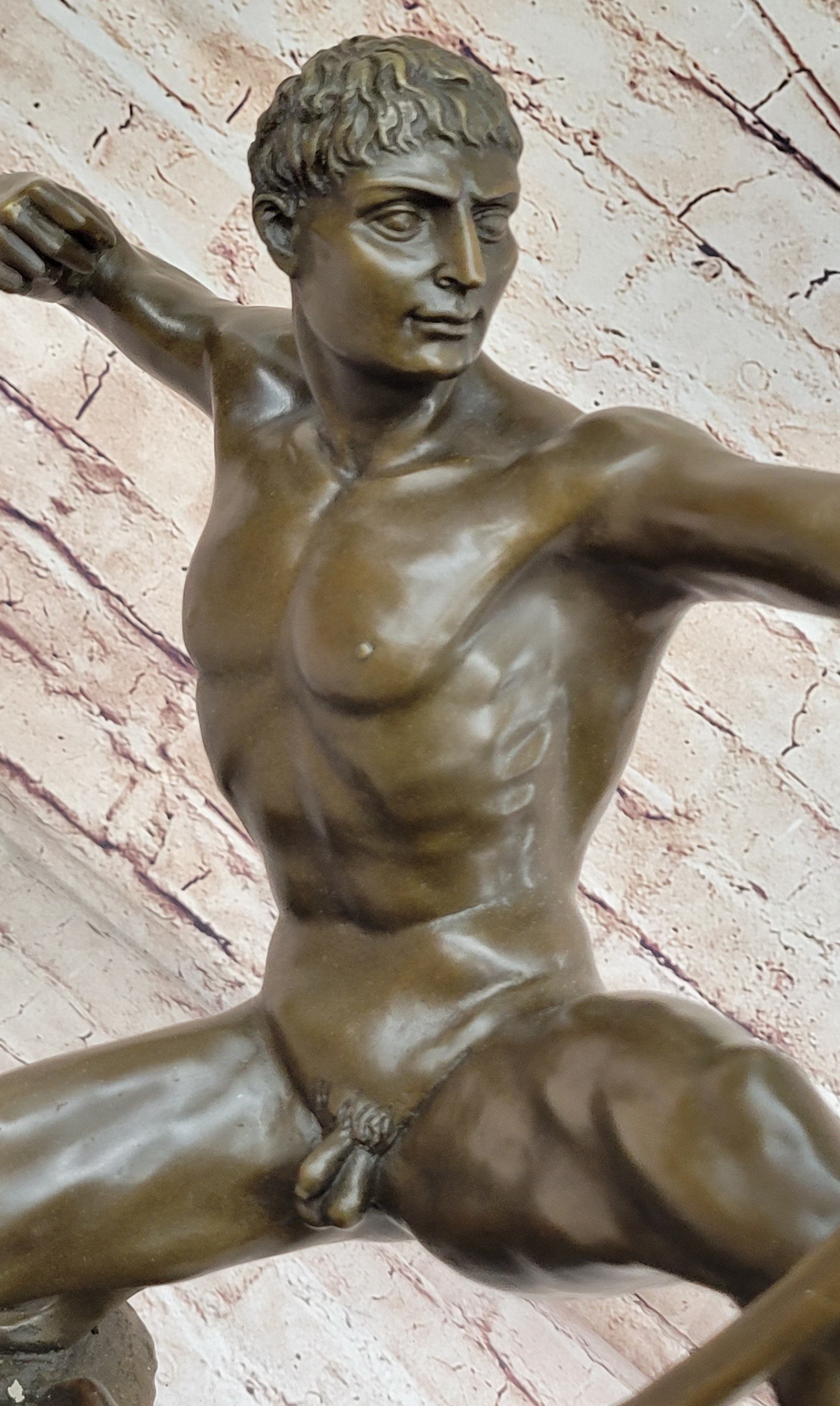 Handcrafted Detailed Nude Man Standing on Rock With Bow Aiming Bronze Sculpture