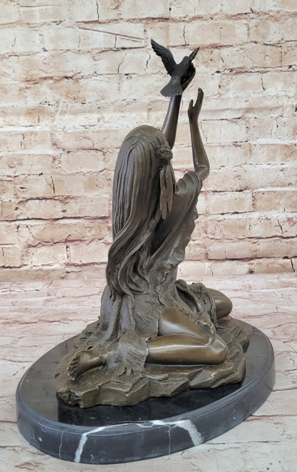 Collectible Native American Woman Bronze Statue with Bird by Milo Fine Art Figurine