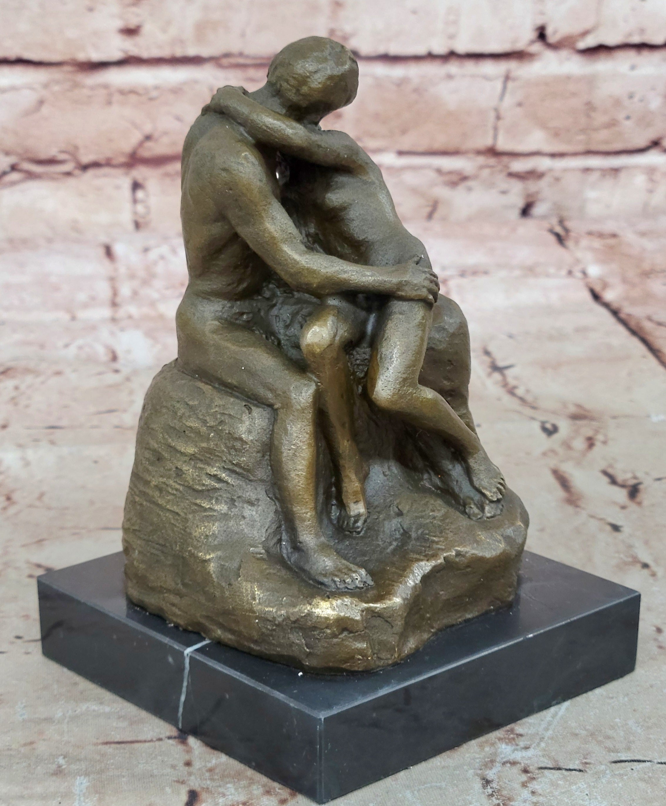 SIGNED BRONZE SCULPTURE FRENCH RODIN "THE KISS" CLASSIC STATUE ON MARBLE HOTCAST