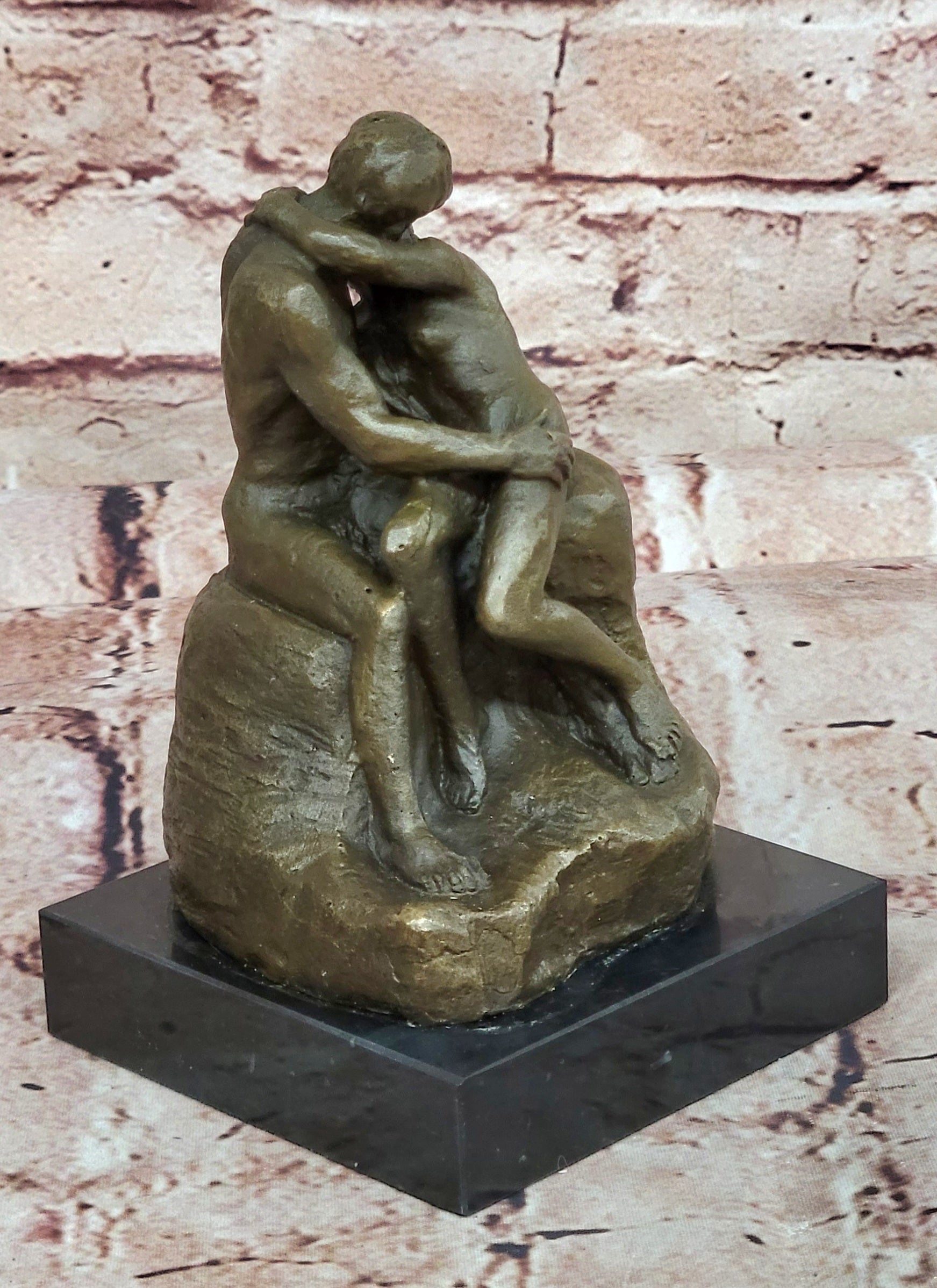 SIGNED BRONZE SCULPTURE FRENCH RODIN "THE KISS" CLASSIC STATUE ON MARBLE HOTCAST