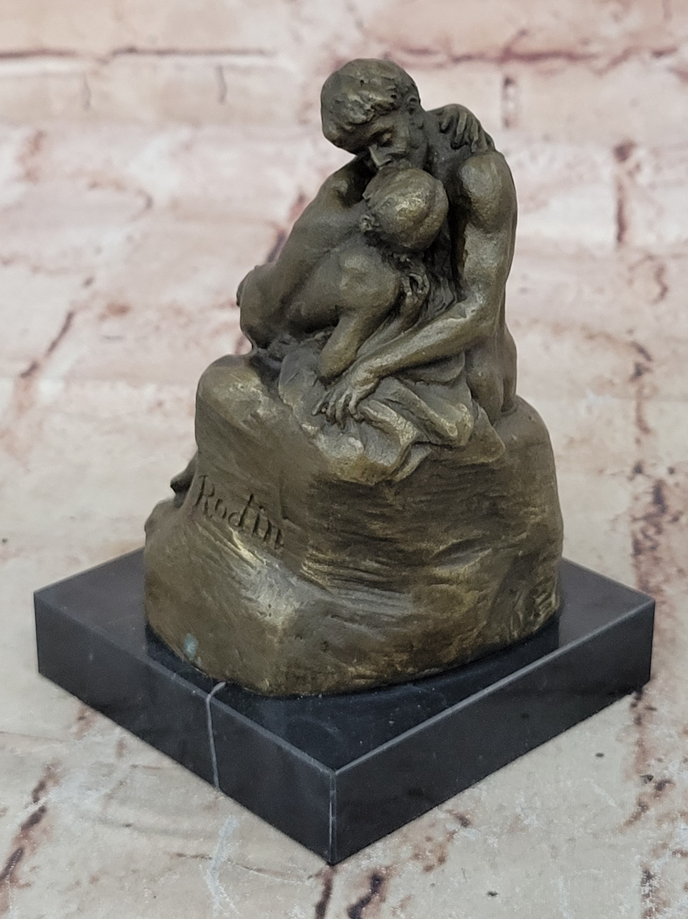 SIGNED BRONZE SCULPTURE FRENCH RODIN "THE KISS" CLASSIC STATUE ON MARBLE HOTCAST