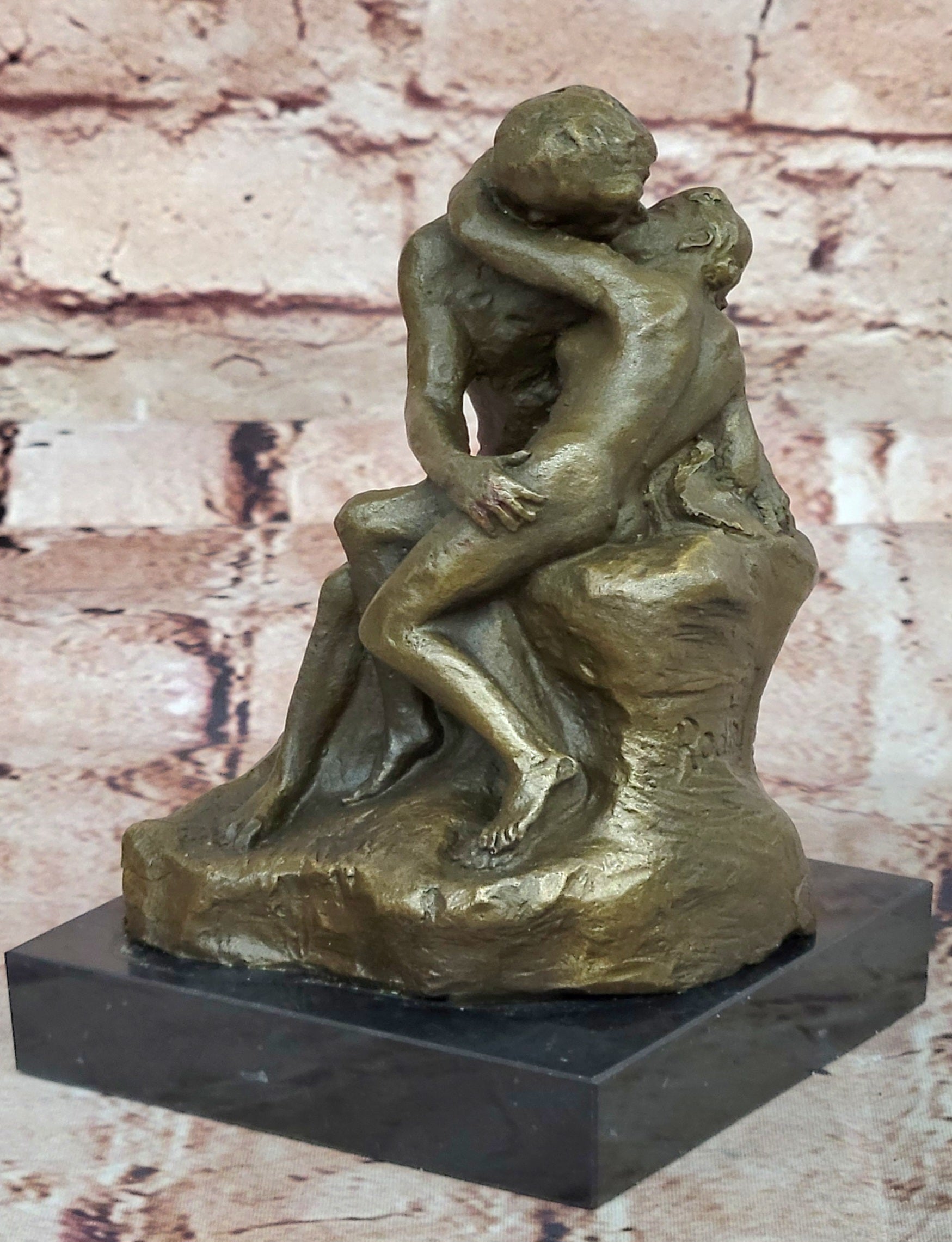 SIGNED BRONZE SCULPTURE FRENCH RODIN "THE KISS" CLASSIC STATUE ON MARBLE HOTCAST