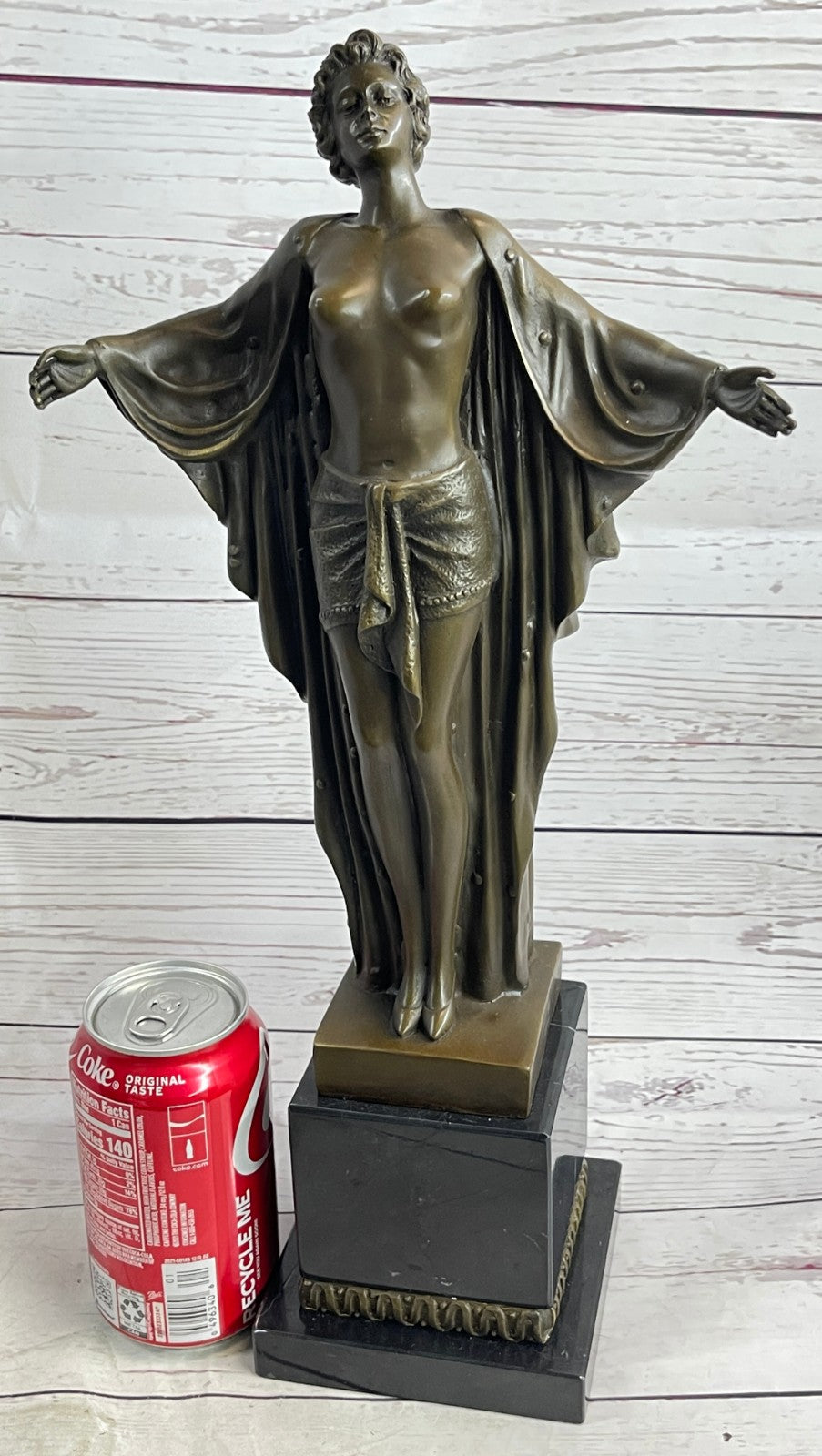 Art Deco Nude Girl Female Classic Bronze Sculpture Figurine Marble Base Figure