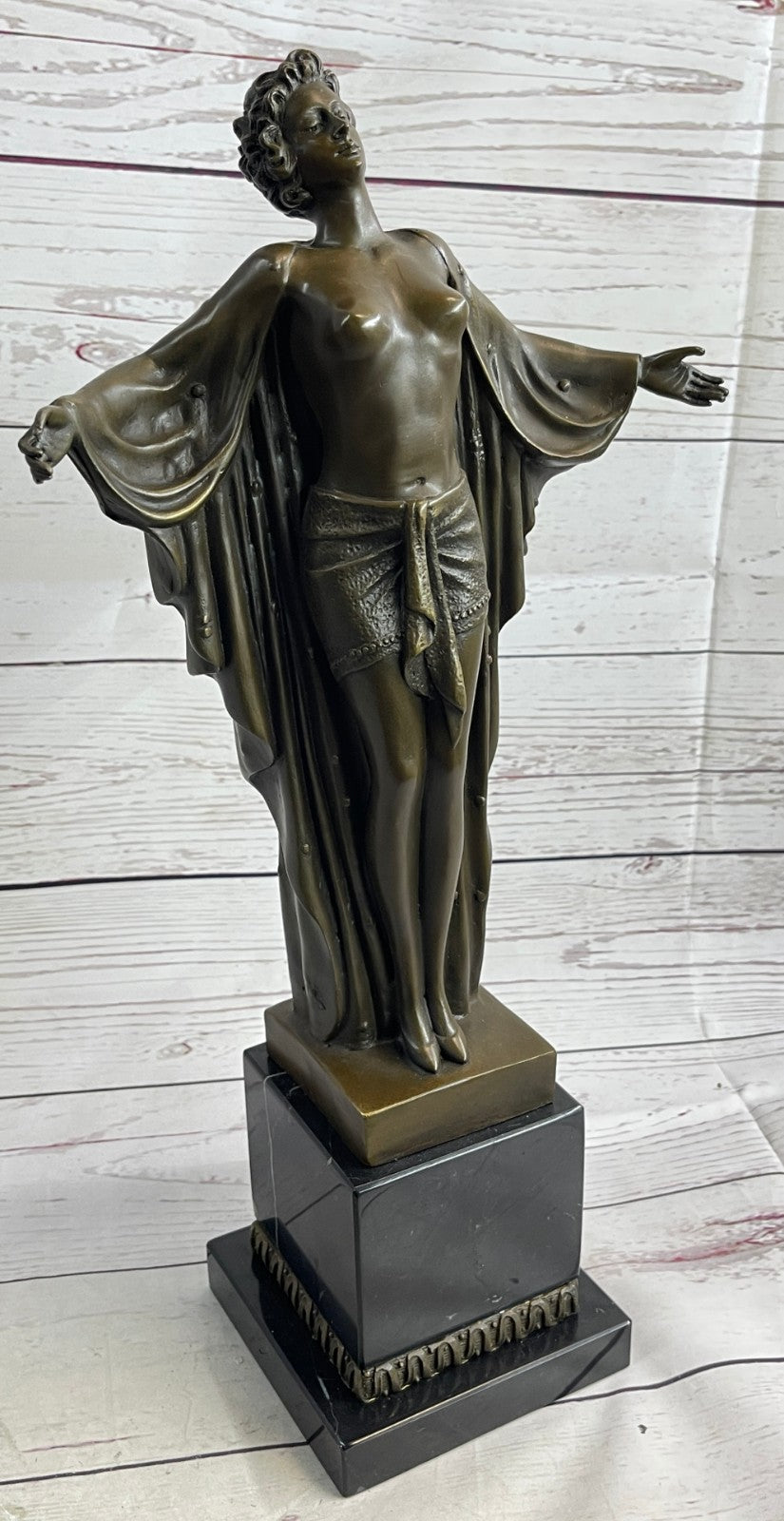 Art Deco Nude Girl Female Classic Bronze Sculpture Figurine Marble Base Figure