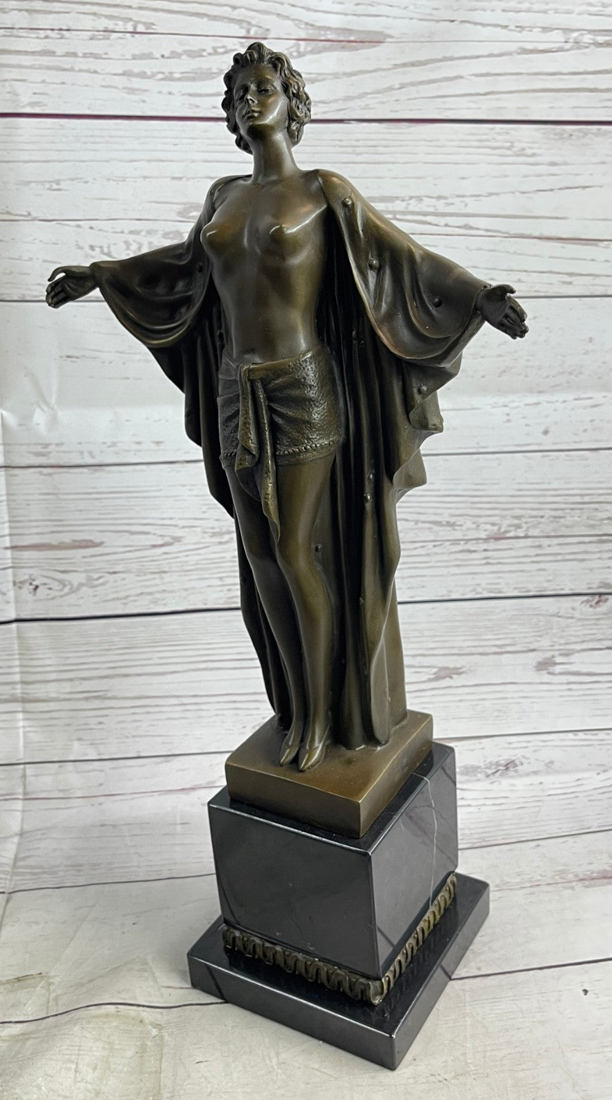 Art Deco Nude Girl Female Classic Bronze Sculpture Figurine Marble Base Figure