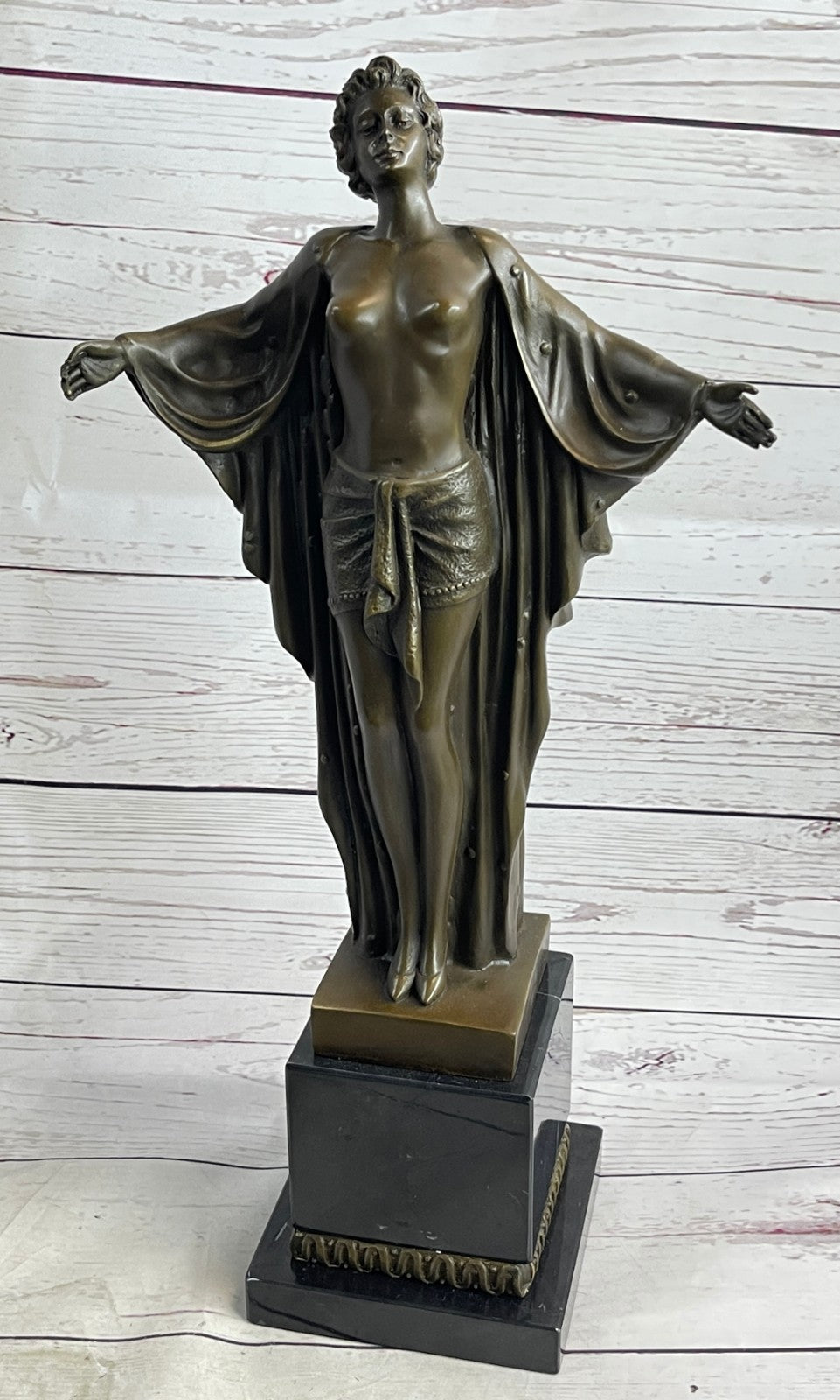 Art Deco Nude Girl Female Classic Bronze Sculpture Figurine Marble Base Figure