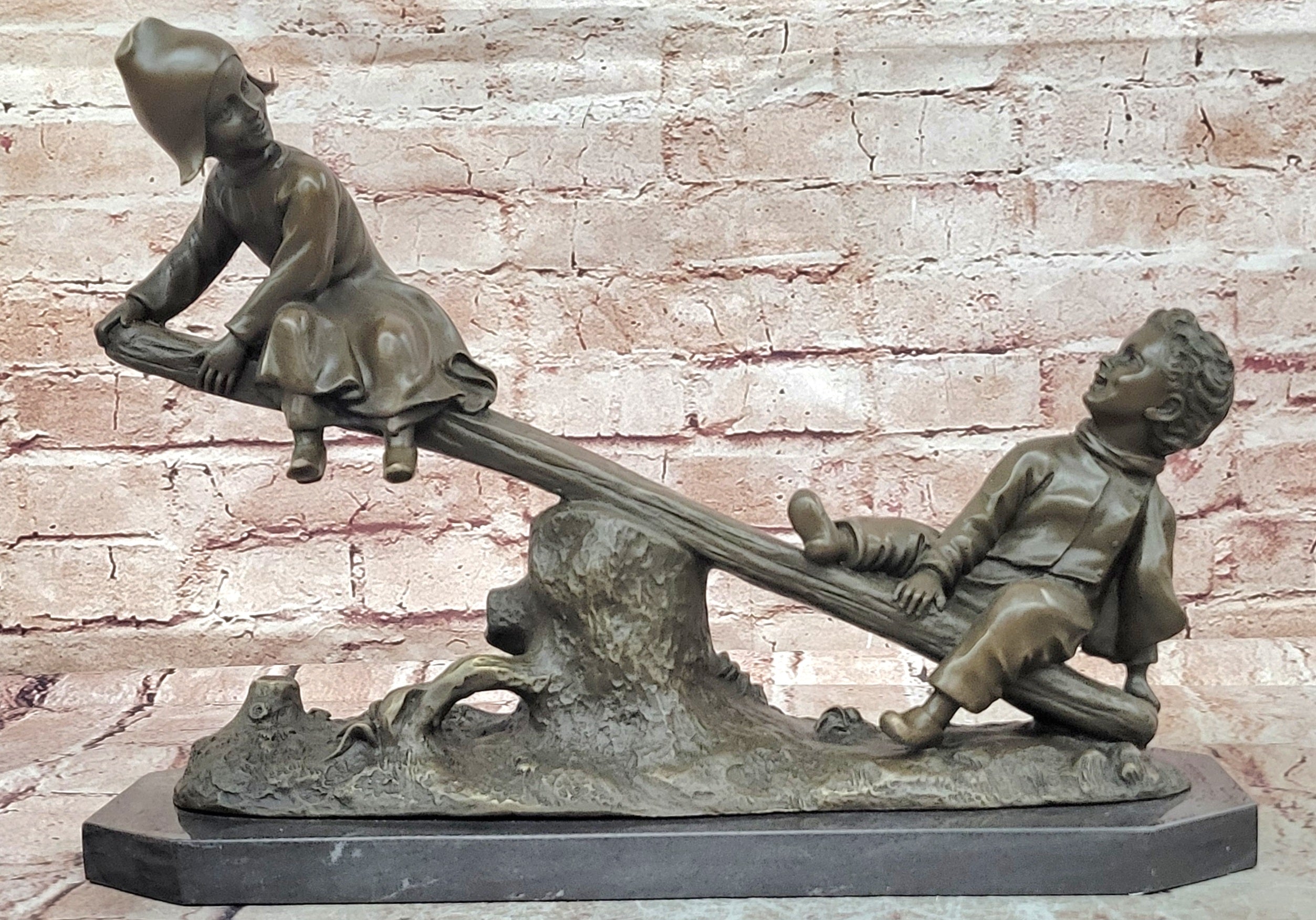 Signed Daste Bronze Children Seesaw Statue Hot Cast Fine Art Decor
