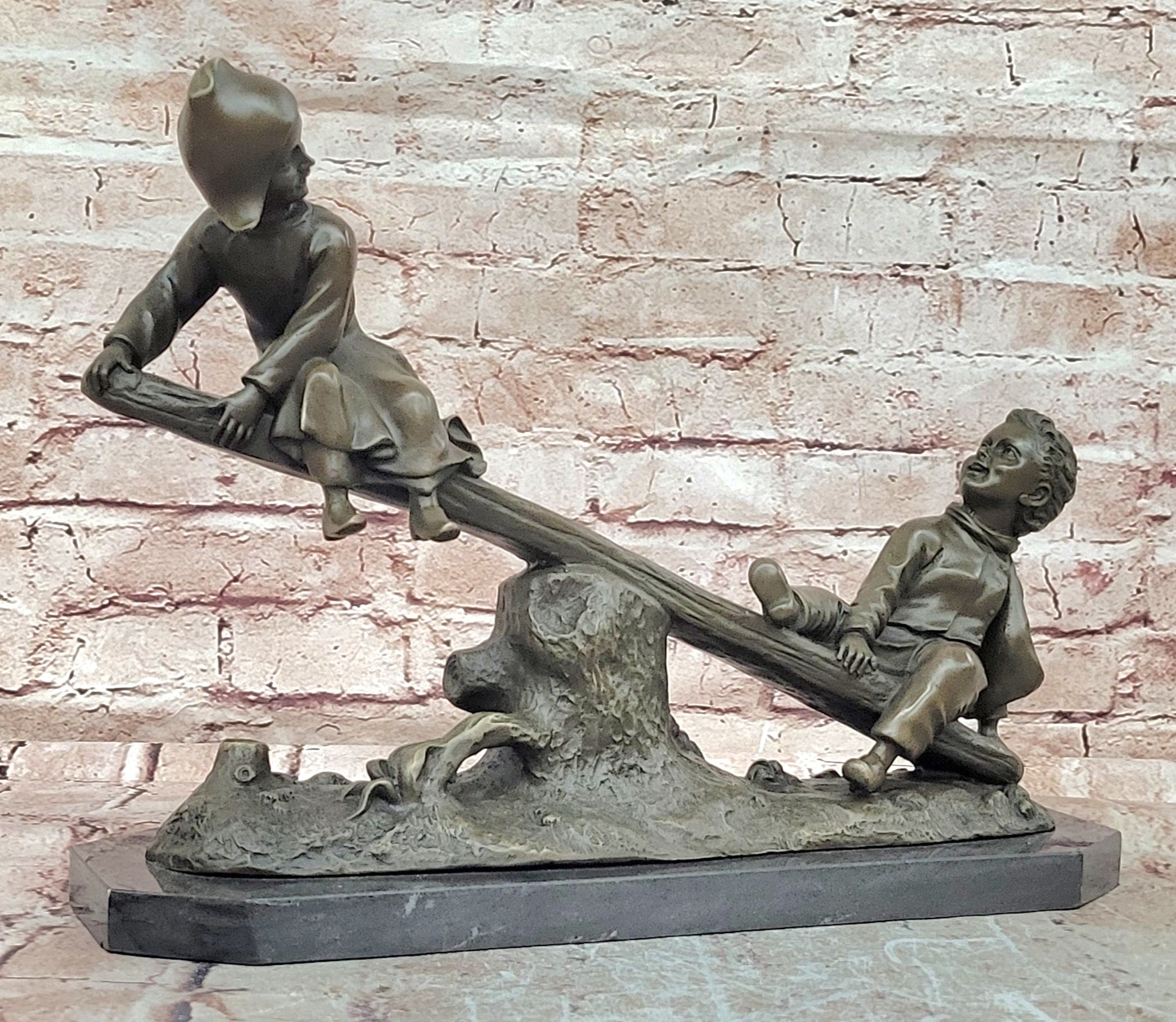 Signed Daste Bronze Children Seesaw Statue Hot Cast Fine Art Decor