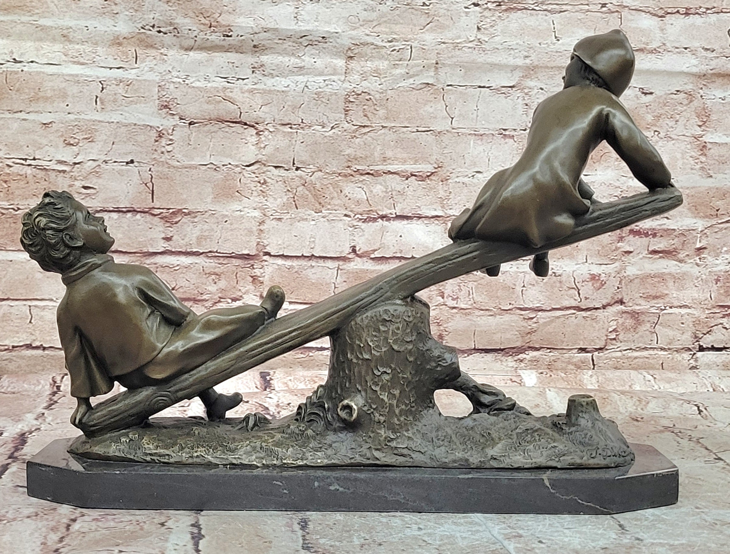 Signed Daste Bronze Children Seesaw Statue Hot Cast Fine Art Decor