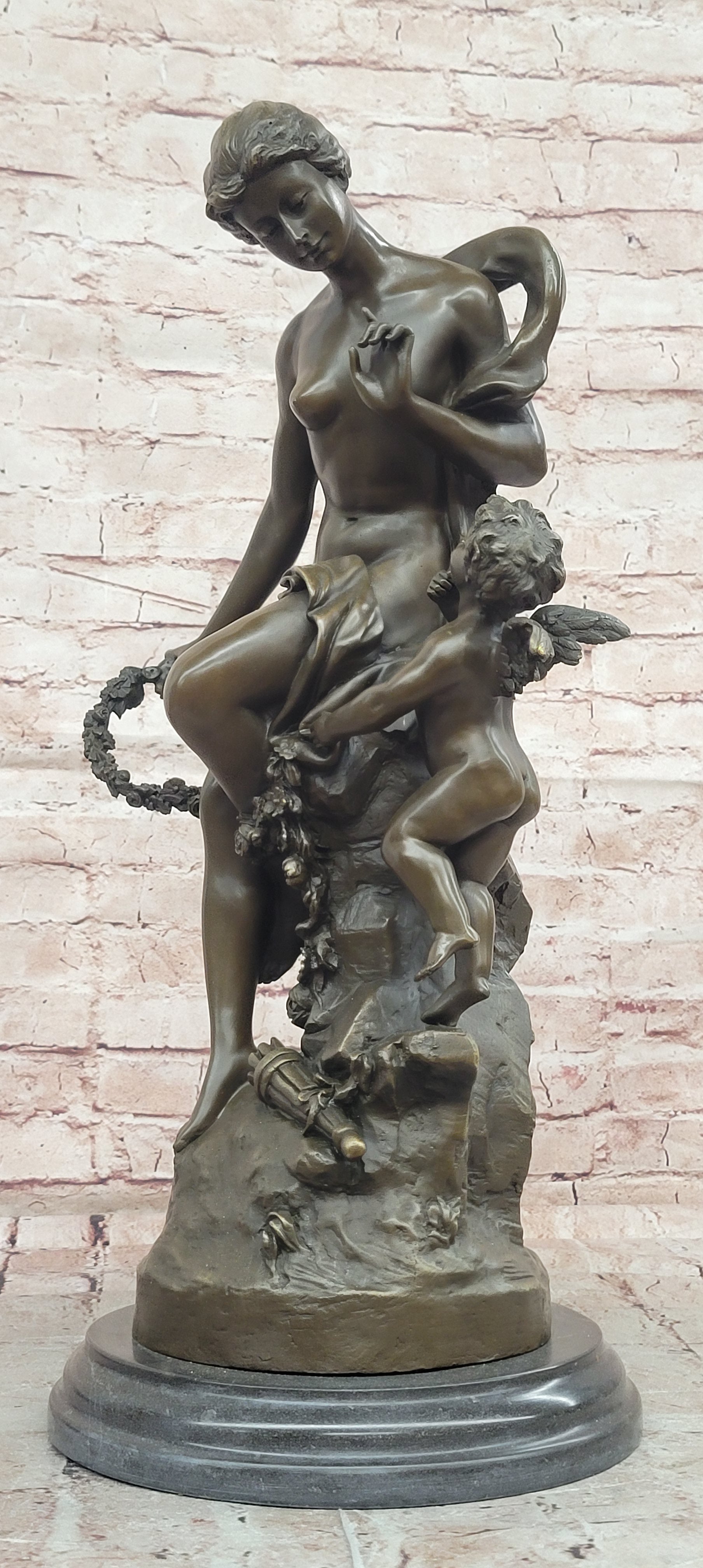 Bronze Goddess Venus with Cherub Statue Signed Moreau Collectible Art