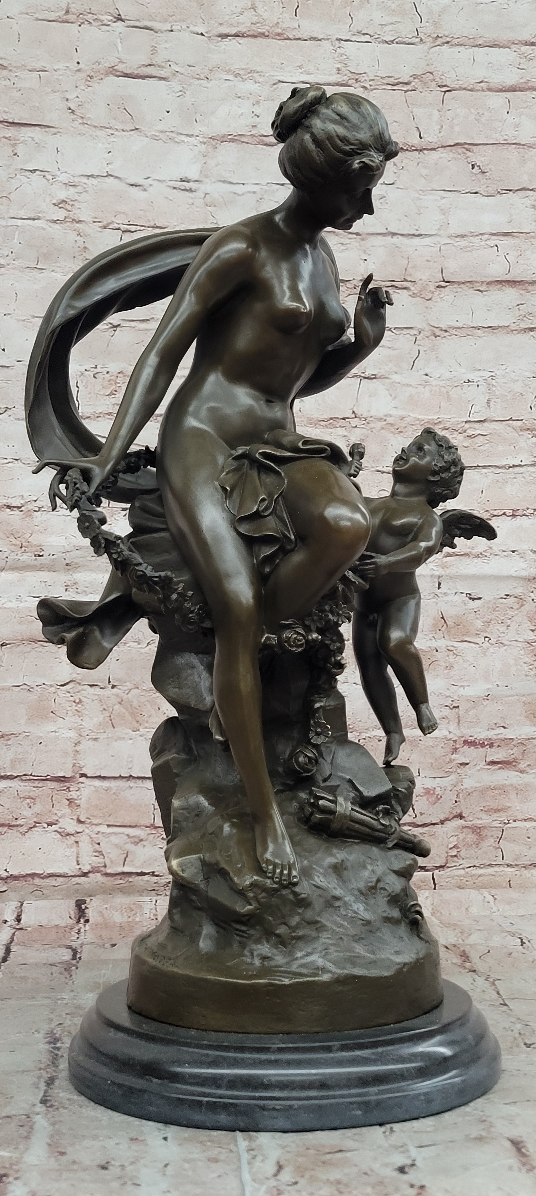 Bronze Goddess Venus with Cherub Statue Signed Moreau Collectible Art