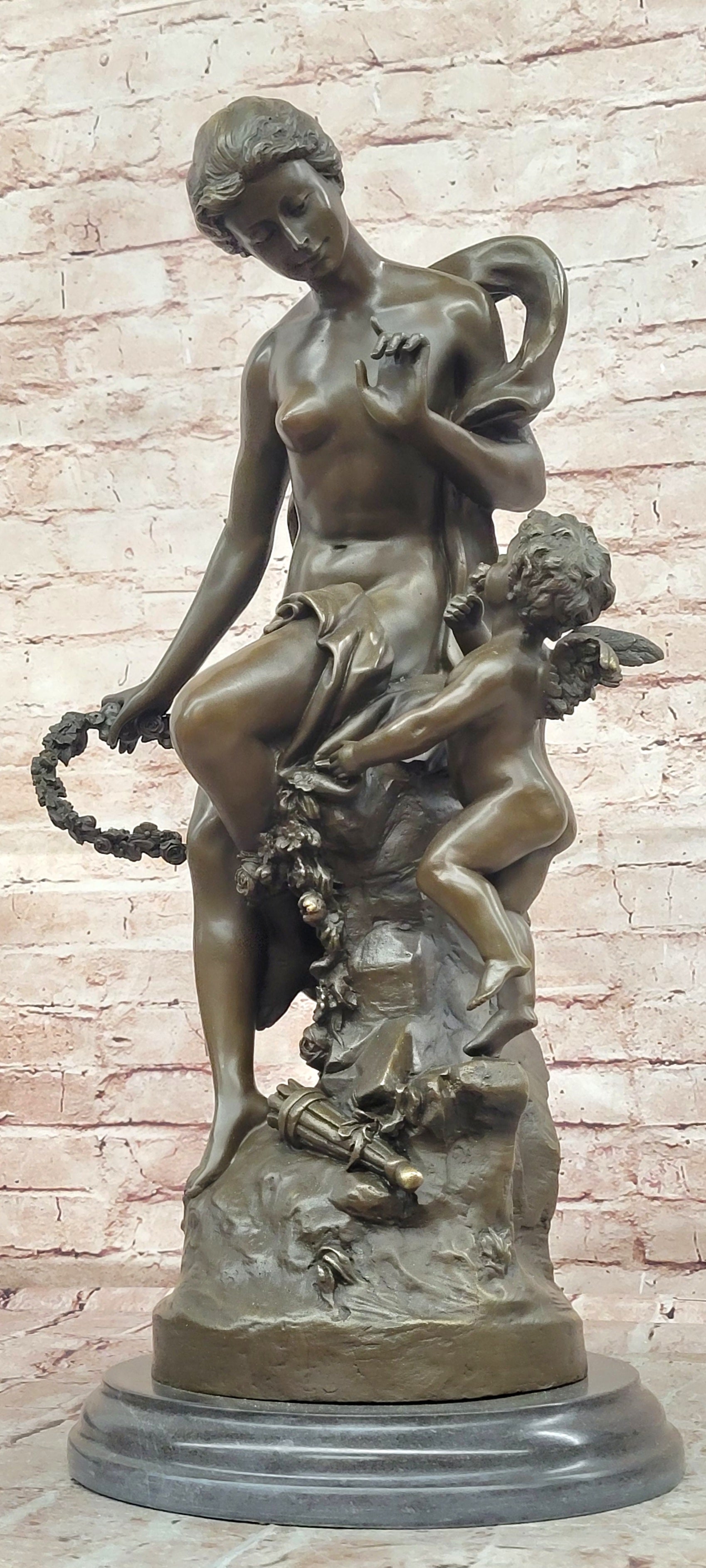 Bronze Goddess Venus with Cherub Statue Signed Moreau Collectible Art